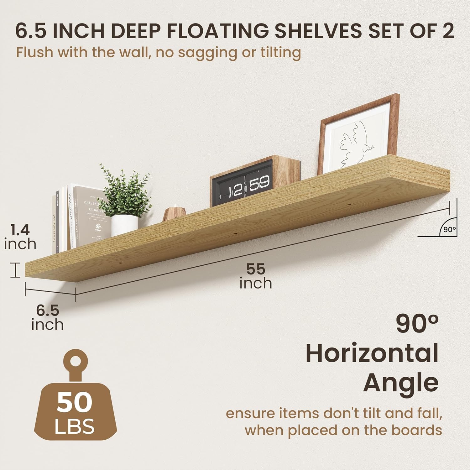 FLYJOE 55 Inch Floating Shelves | 6.5 Inch Deep Oak Floating Shelves Set of 2 | 55" W x 6.5" D Rustic Oak Shelves with Invisible Brackets for Bathroom Living Room Bedroom