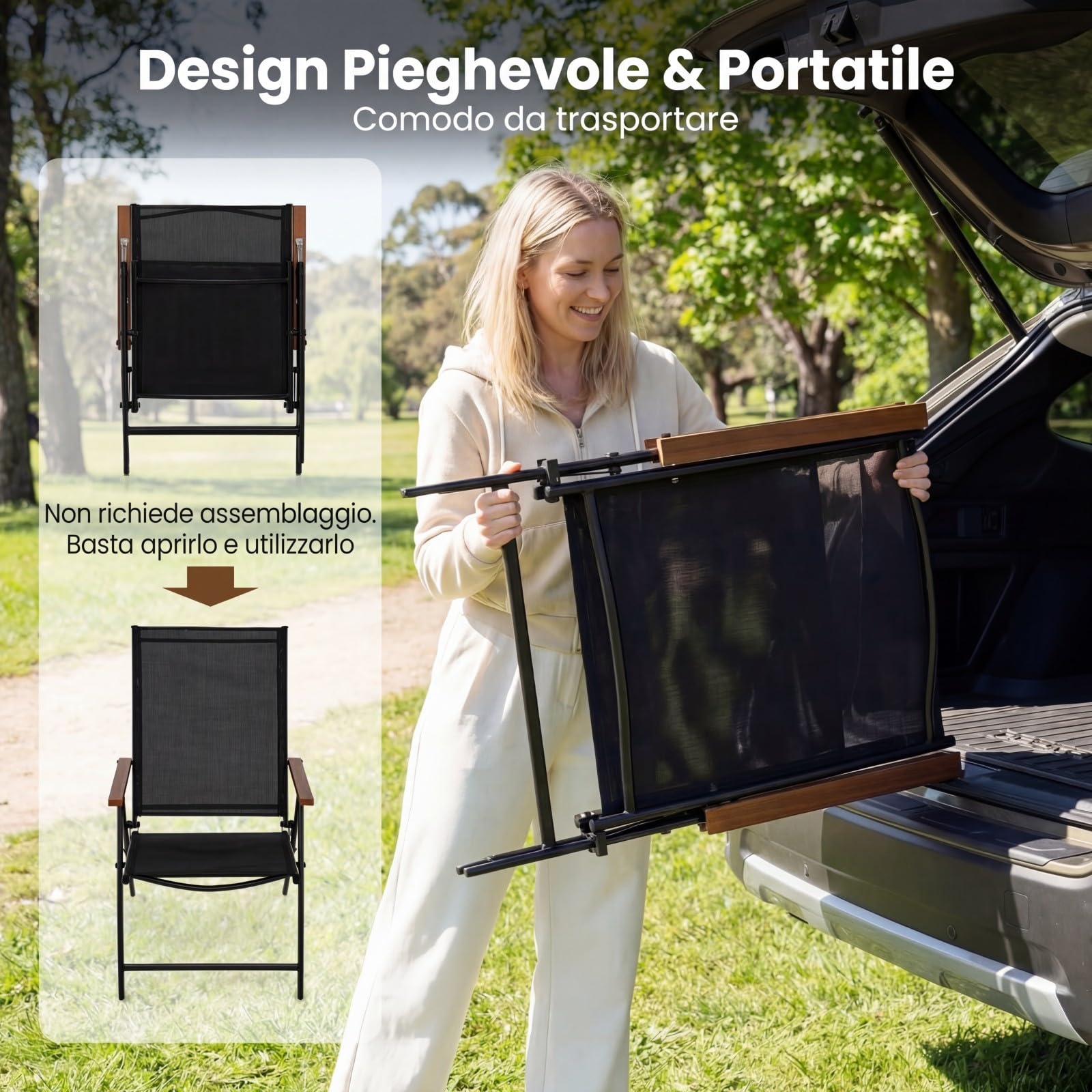 COSTWAY Set di 2/4 Sedie da Giardino Pieghevole, Struttura in Metallo, Poltrona in Tessuto Traspirante, Schienale Regolabile, per Balcone, Giardino, Terrazzo, Portata 150 kg (2,Nero)