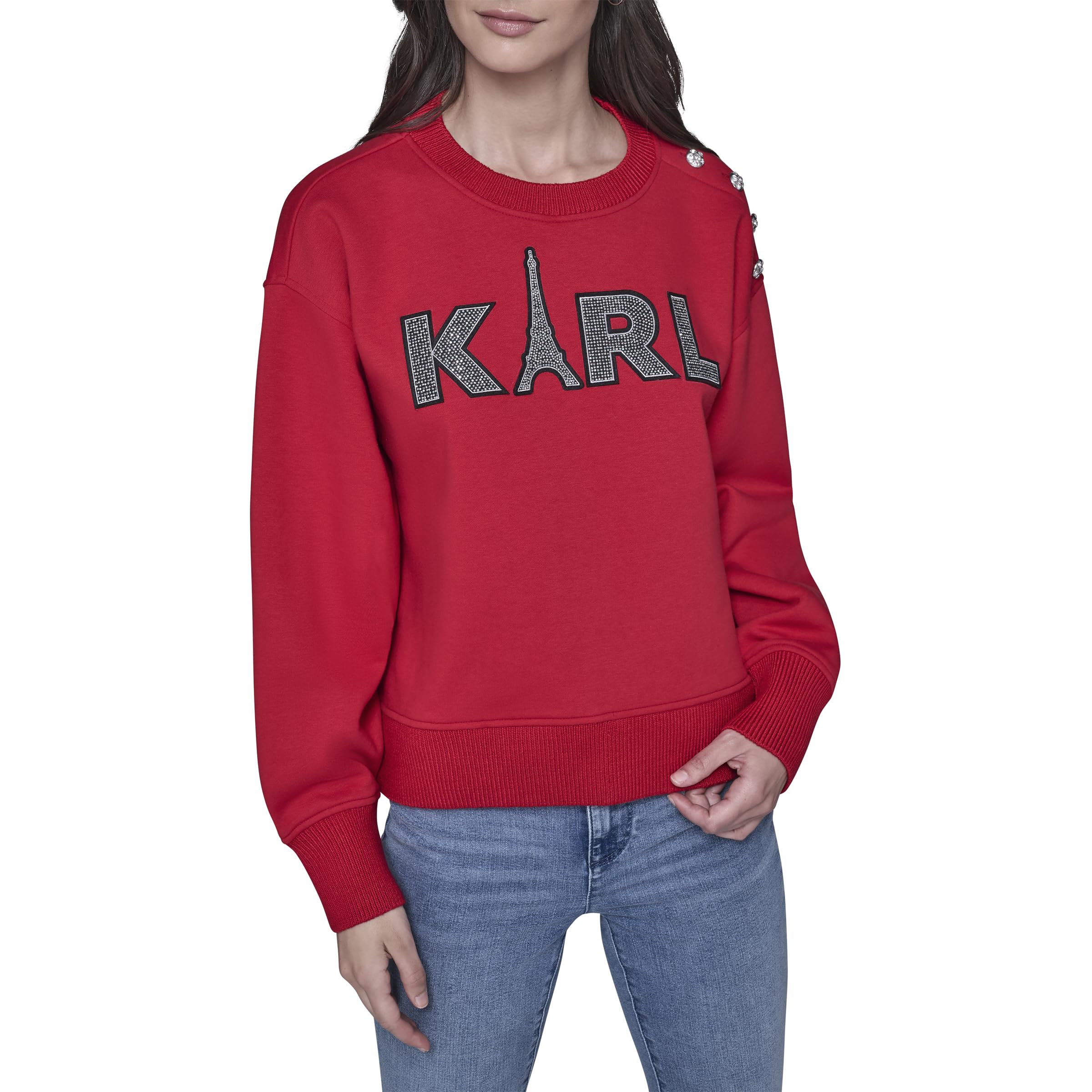 womens Long Sleeve Crew Neck Eiffel Tower Fleece Sweatshirt