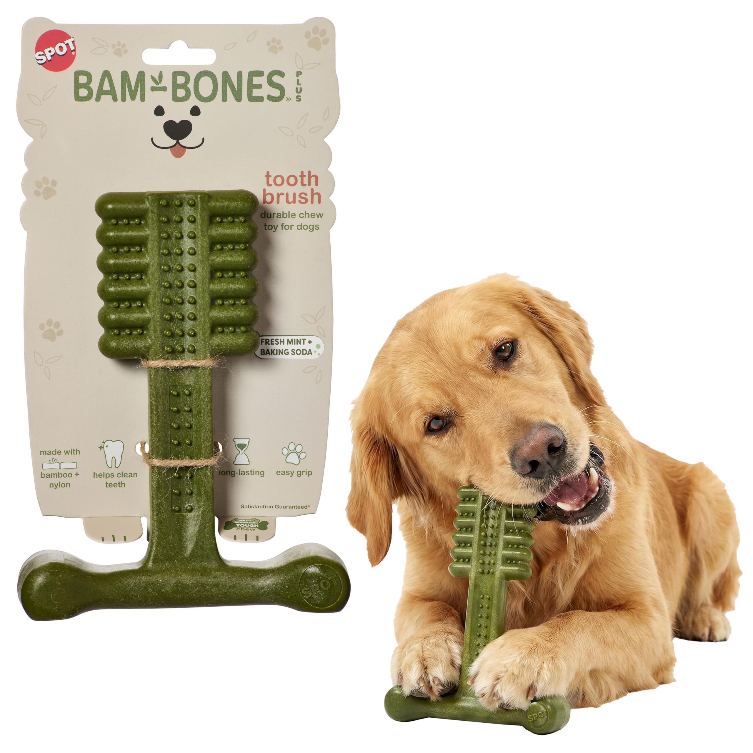 SPOT Bam-Bones Plus - Cepillo de dientes para perros, masticable dental de fibra de bambú duradera y nailon, menta fresca y bicarbonato de sodio para el cuidado dental, forma de hueso en T fácil de