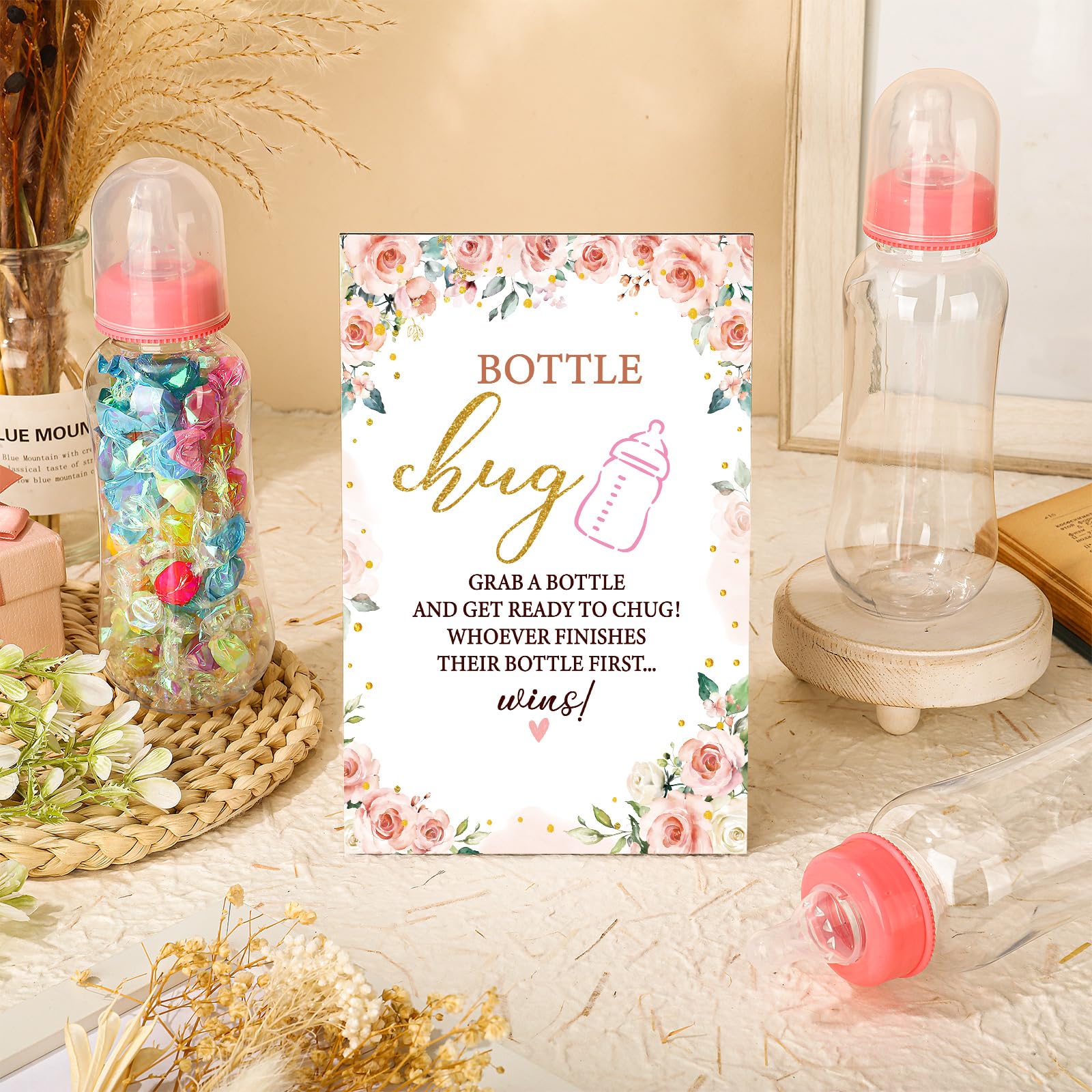 TrelaCo Floral Cool Baby Shower Games Bottle Chug Sign Wooden Floral Gift Sets Gender Reveal Party Favors and 12 Pcs Baby Bottle Shower Favor for Games Gender Reveal