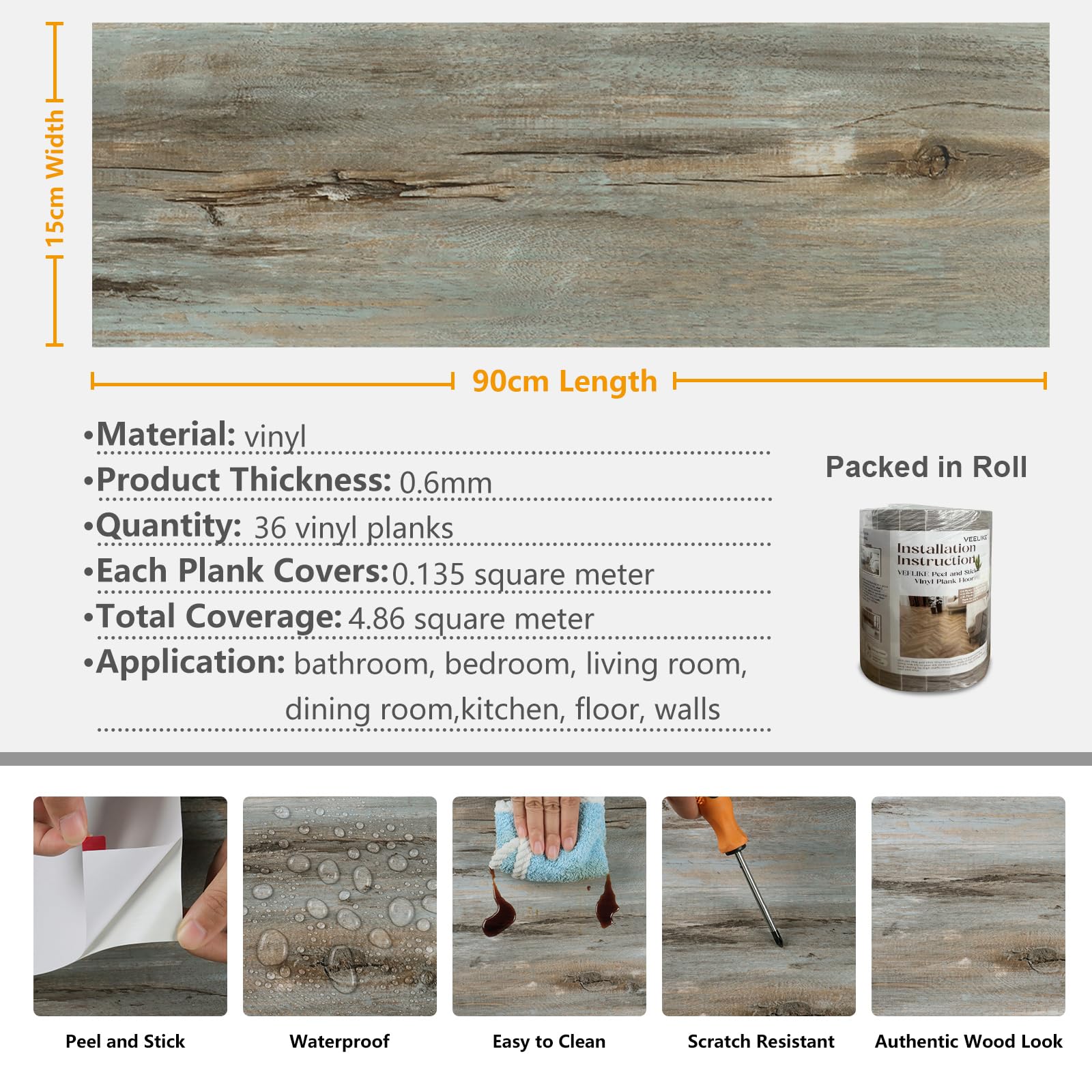VEELIKE Suelo Vinilo Efecto Madera Gris Vintage Suelo Vinilo Autoadhesivo Baño Impermeable Vinilos Cocina Azulejos Baldosas Adhesivas Suelo Salon Dormitorio 90 cm × 15 cm 36 Piezas