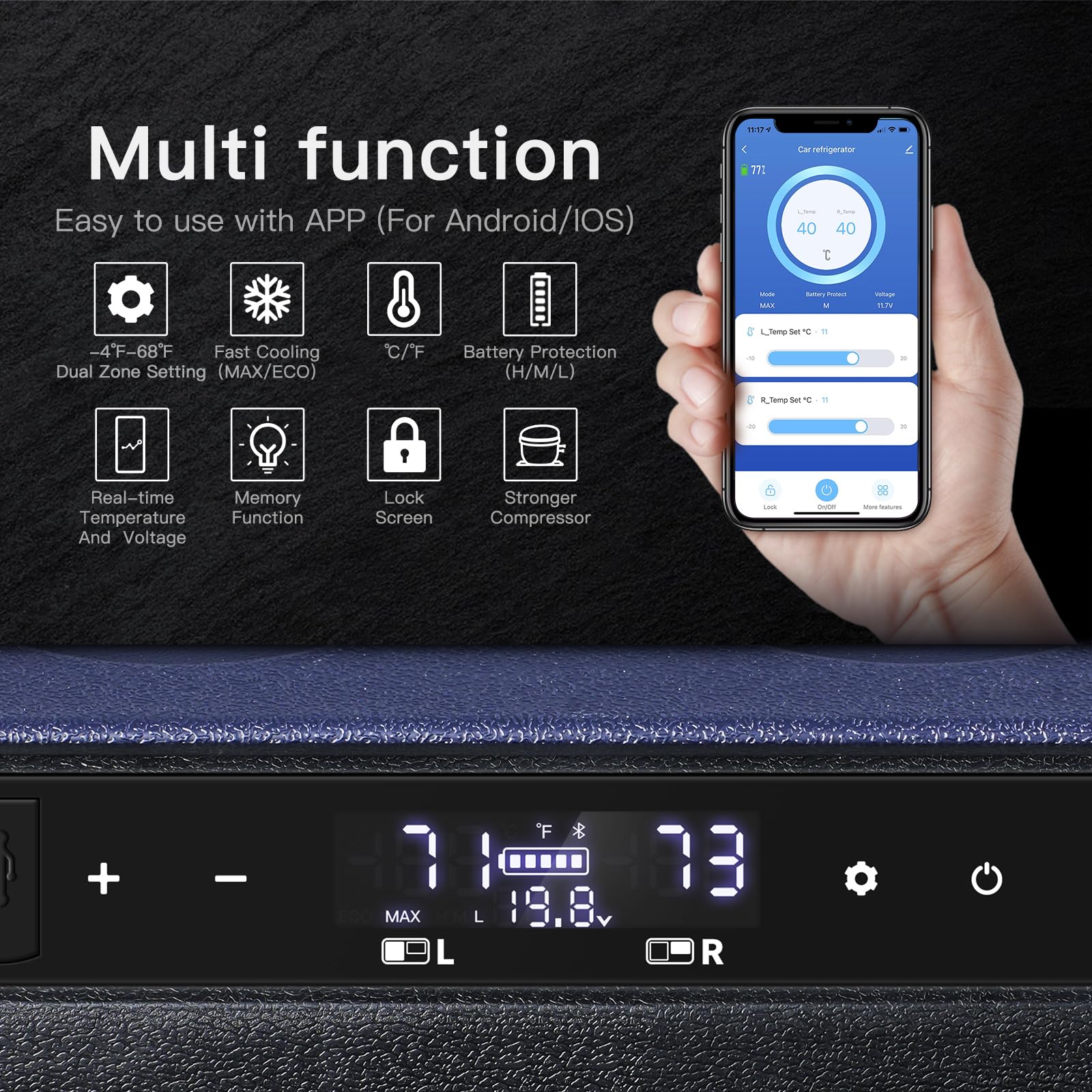 AAOBOSI Lodówka samochodowa z podwójną strefą, sterowanie WiFi APP, złącze USB, 12/24 V i 100-240 V, lodówka do -20 °C, do samochodu, ciężarówki, łodzi, kampera, na kemping