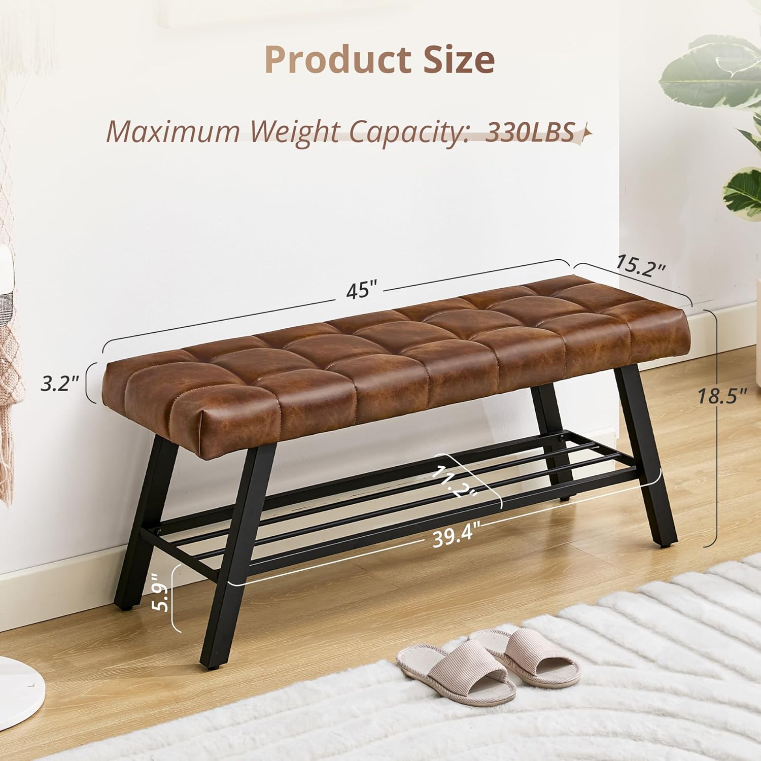 LUE BONA 45" Entryway Bench with Shoe Storage, End of Bed Bench with Tufted Faux Leather Seat, Bedroom Bench with Metal Frame, 330 LBS Capacity for Entryway, Living Room, Hallway, Brown