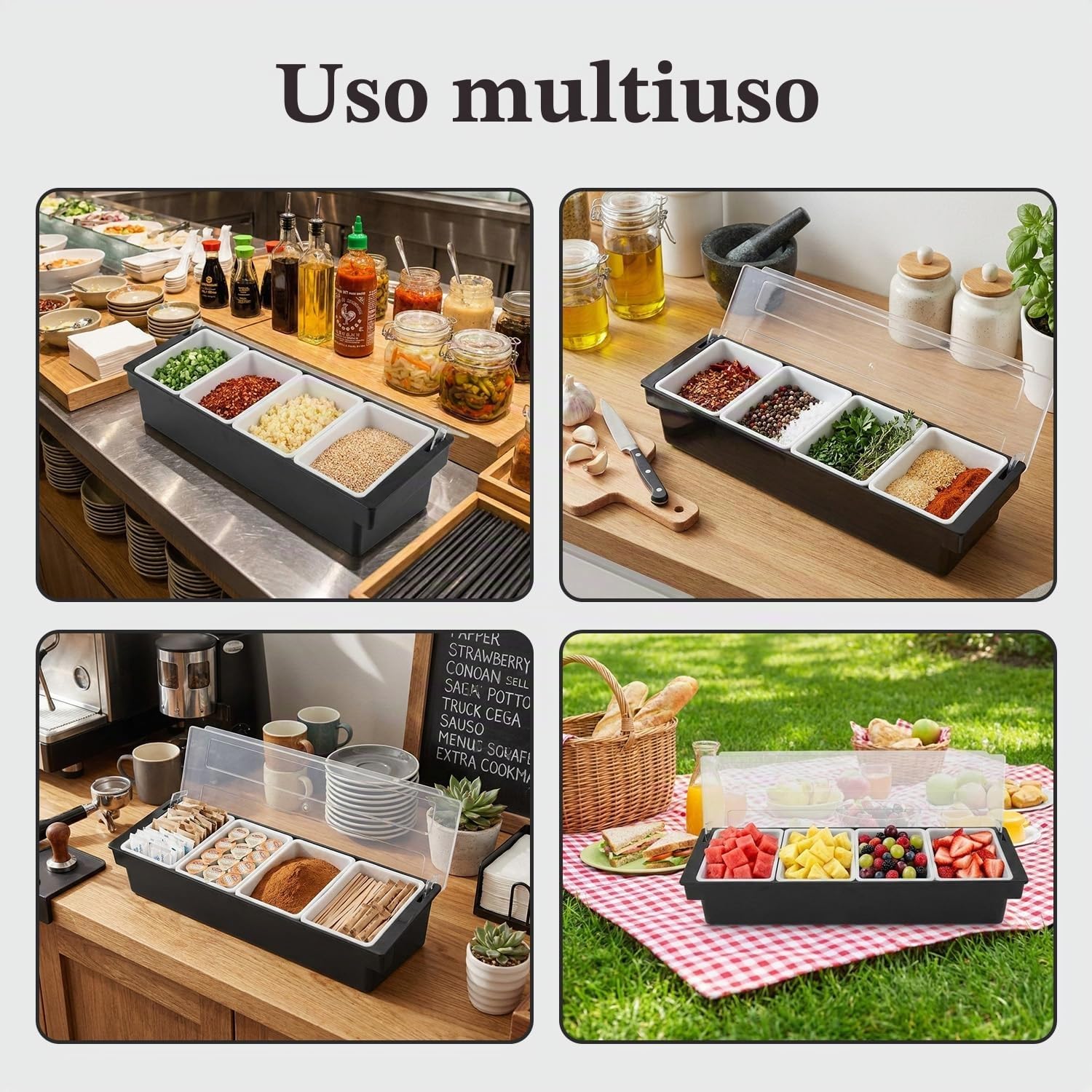 Tissting Distributore di Cibo e Condimenti con Coperchio, Organizer per Frigorifero, Vassoio Multiuso in Plastica per Conservare Frutta, Condimenti, Chicchi di Caffè e Cereali (4 Scomparti)