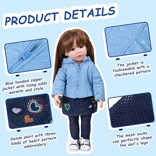 Miniatura 3 de Rakki Dolli Ropa de muñeca de 3 piezas. Conjunto de abrigo azul con capucha con falda de mezclilla azul marino y medias de una pieza de punto azul