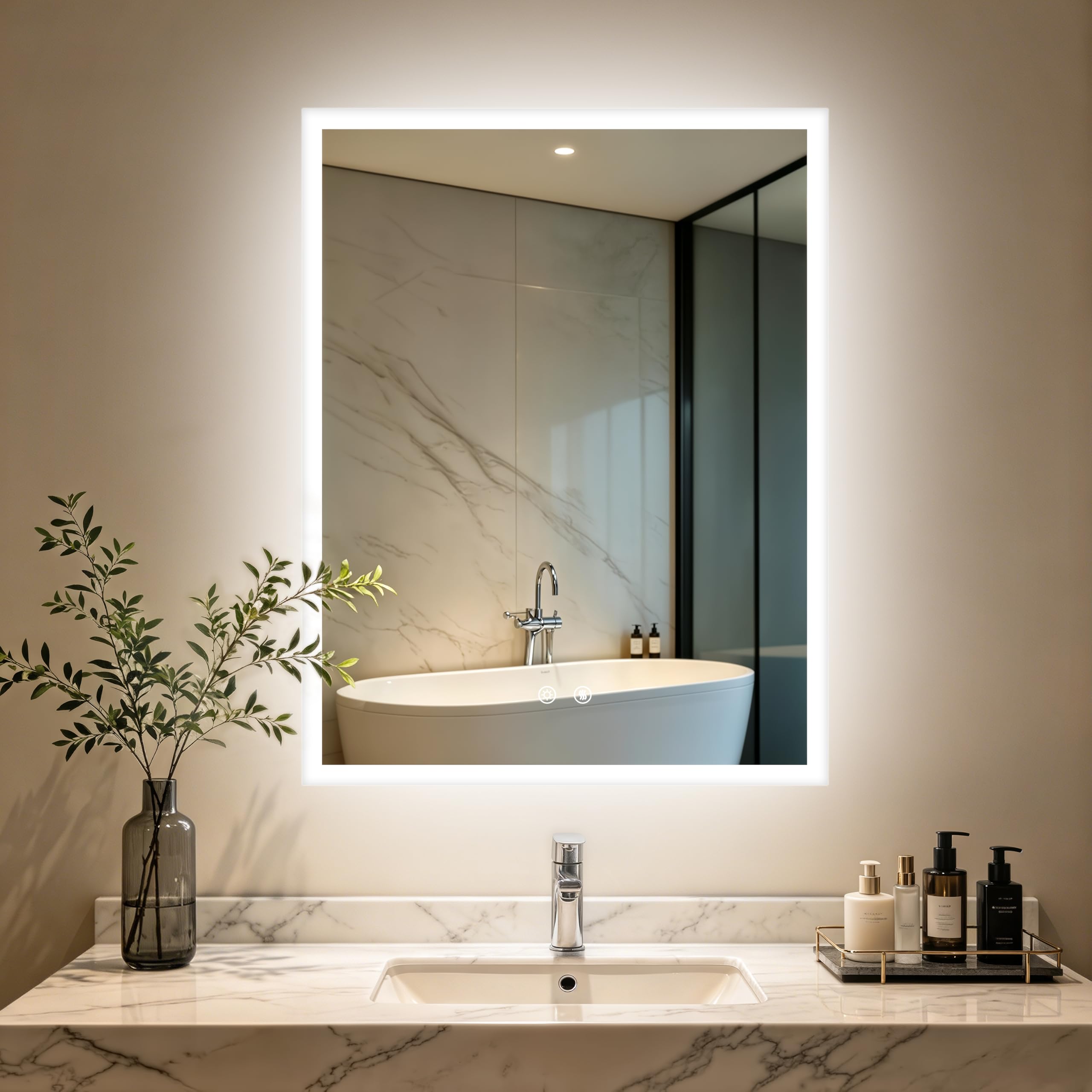 LUVODI Bathroom Mirror with LED Lights: 700x900mm Rectangular Illuminated Dimmable Wall Mounted Mirror with Anti-Fog 3 Lighting Modes Memory Function, Horizontal/Vertical