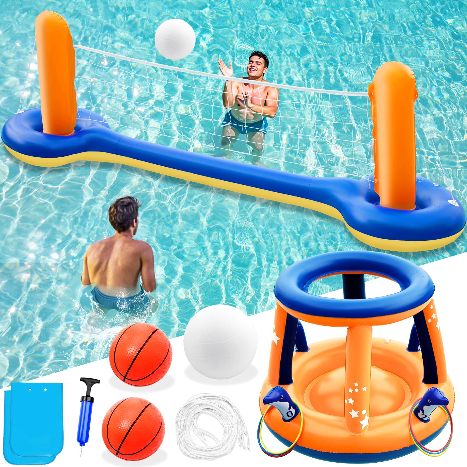 Jasonwell Pool Toys Games Set - 3 in 1 Pool Volleyball Net Basketball Hoop Ring Toss Game Inflatable Floats Water Floating Volleyball Swimming Pools Party Game Accessories Toy Gift Kids Teens Adults