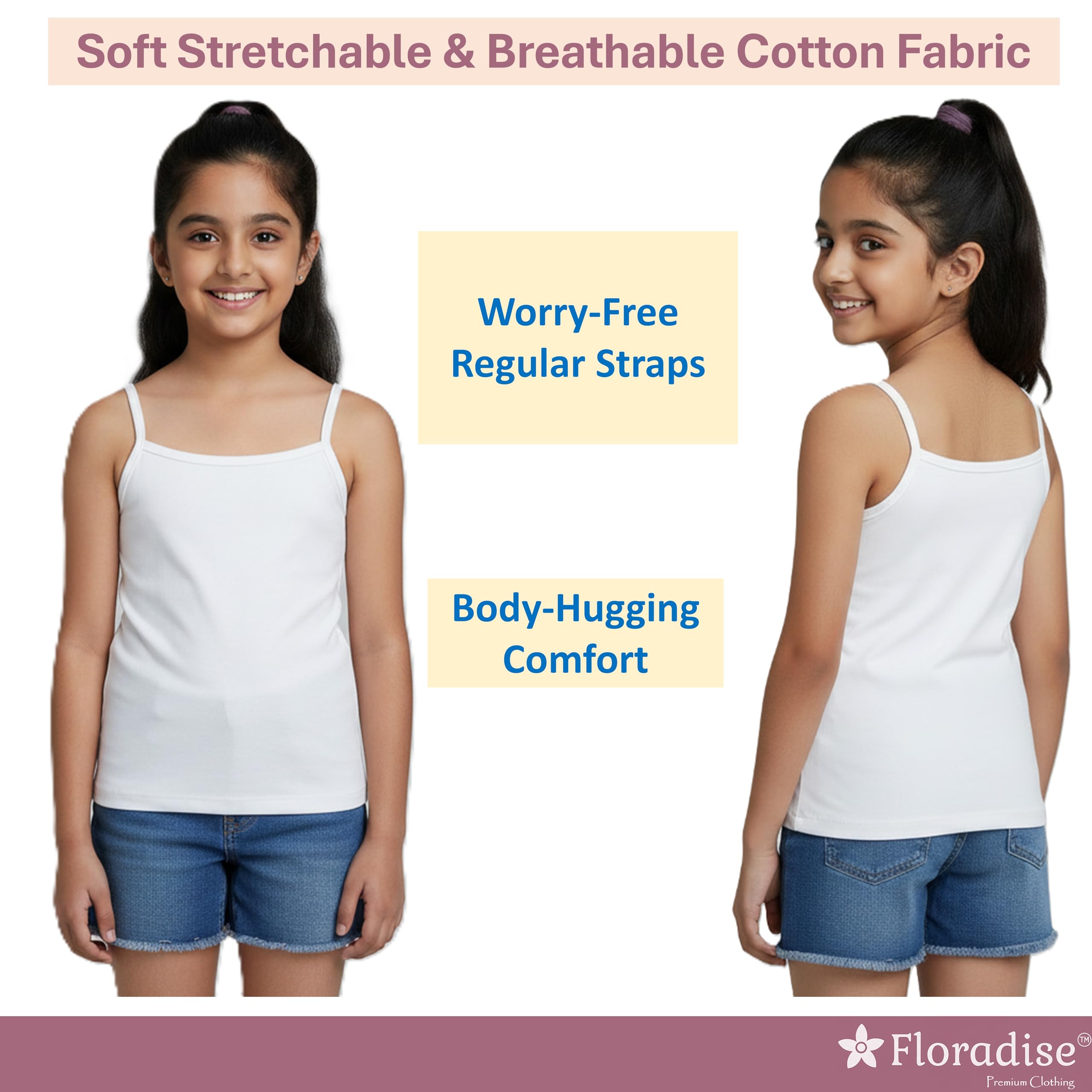 Floradise Girls Camisole | Slips for School Uniform & Everyday Wear | Regular Straps (Pack of 4) | Age 6 to 12 Years (in, Age, 8 Years, 9 Years, Regular, White,Skin,Pink,Lilac) 1