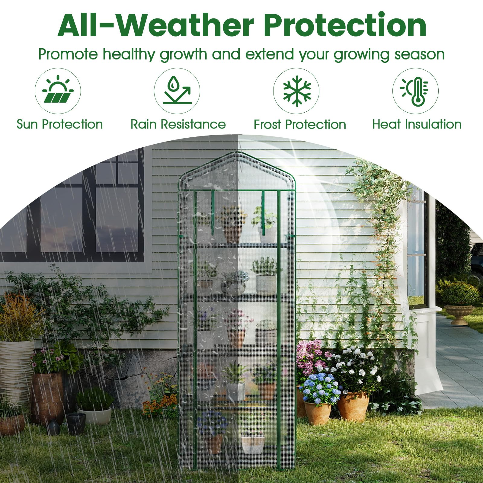 HOMASIS Serre de Jardin avec 4/5 Étagères, Serre de Balcon avec Porte Enroulable à Charnière, Étagère Amovible pour Plantes en Acier, Mini Herbe pour Jardin d'hiver (Transparent, 69 x 48 x 190 cm)