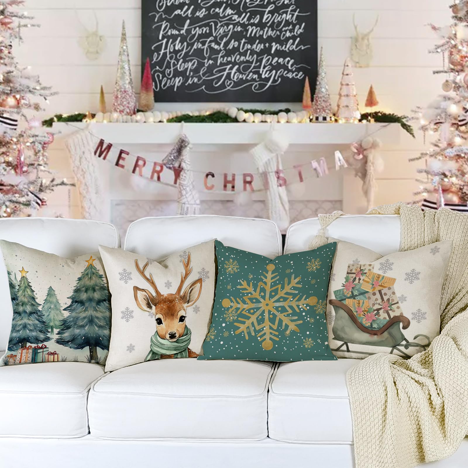 YCOLL Kissenbezug Weihnachten 50x50 4er Set Weihnachtsdeko innen Kissenbezüge Weihnachtskissen Kissenhülle für Deko Weihnachten Sofa Schlafzimmer Couch Dekokissen 50x50 cm Küche, Haushalt & Wohnen