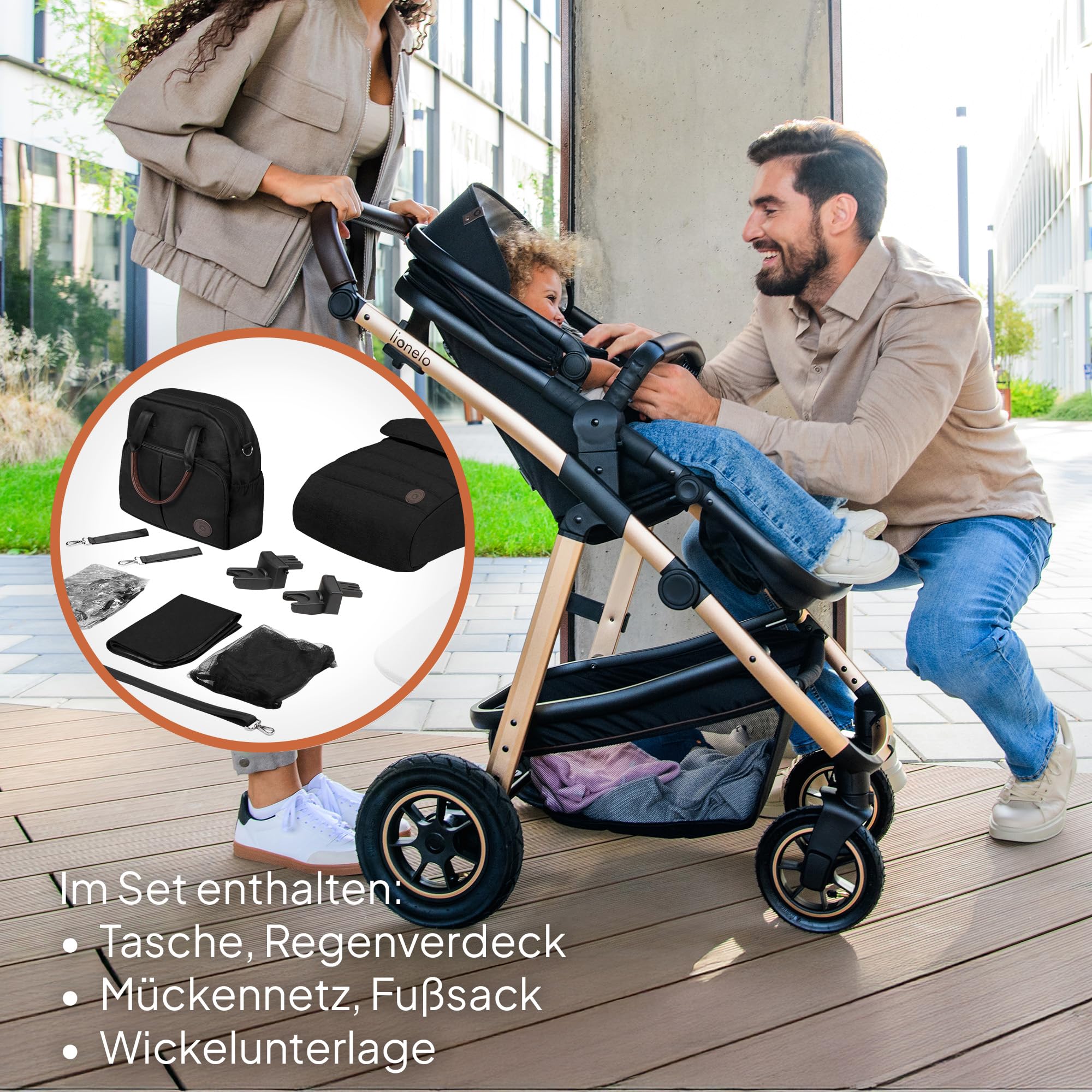 LIONELO Amber Kinderwagen 2 in 1 Kombikinderwagen, Kinderwagen Set | mit sportlichen Sitz und fester Babywanne, Tasche, Moskitonetz, Abdeckung Regenblatt (Grau)