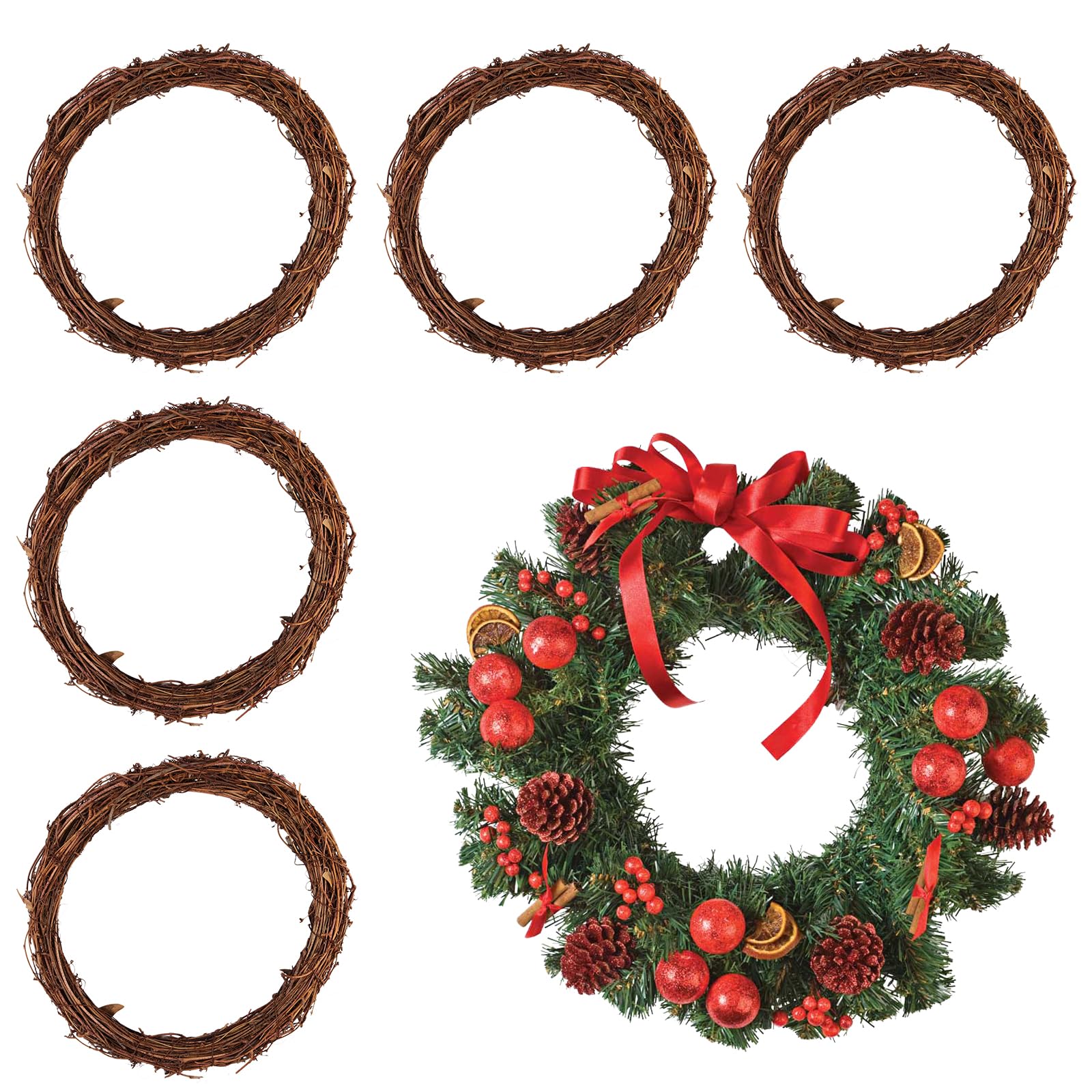 JEUIHAU 6 Pack 30cm Natural Grapevine Wreath, Vine Twig Wreath Rattan for Halloween, Christmas, Wedding and Party, Door and Wall Decor