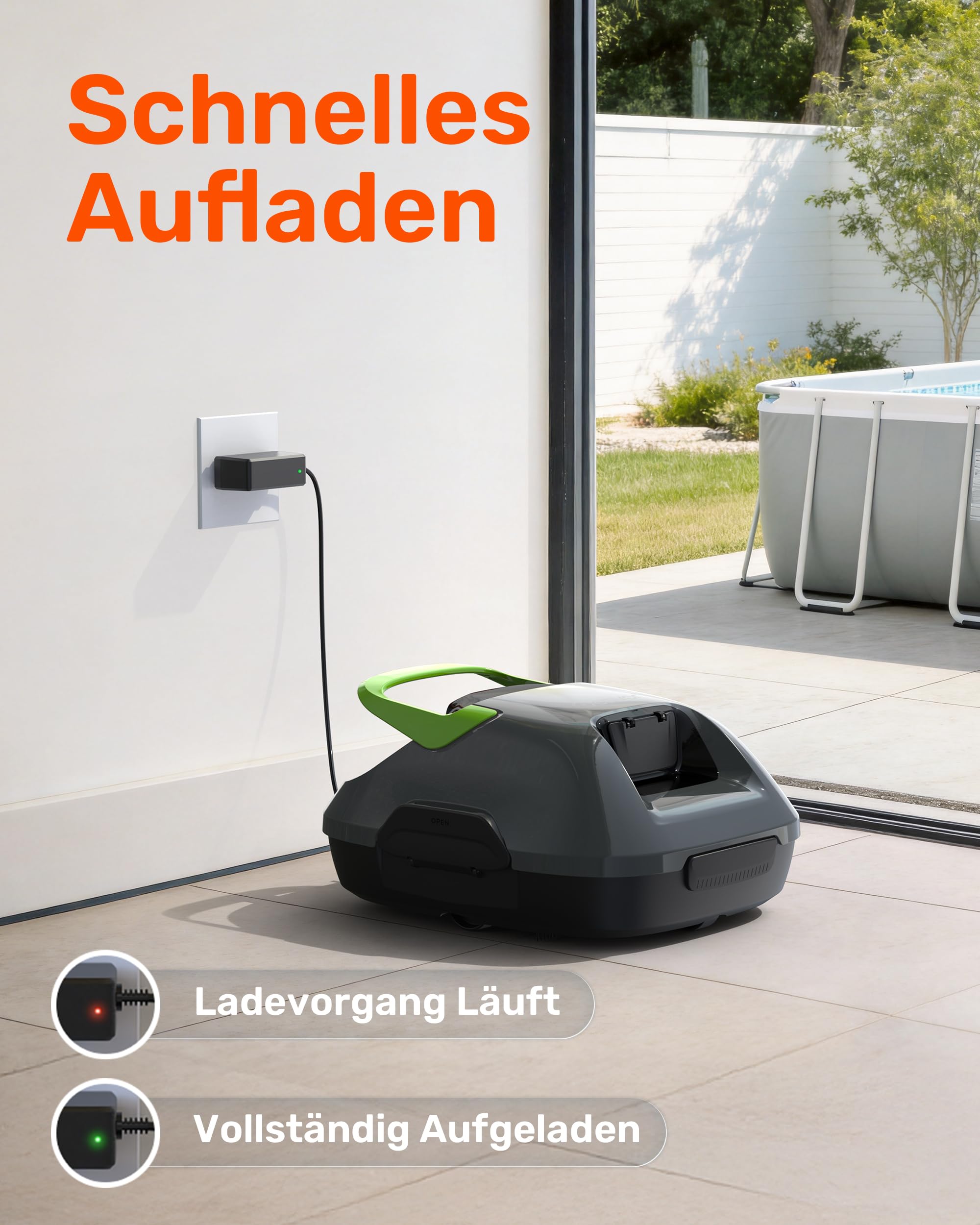 (Upgrade) Gosvor Poolroboter Akku, Bis zu 7200 LPH Effiziente Reinigung mit Power-Clean-Modus, Bis zu 90 Min., 3,4 KG Leicht, Einfach zu Bedienen & Warten, Poolsauger für Flache Böden bis 80㎡, Grün