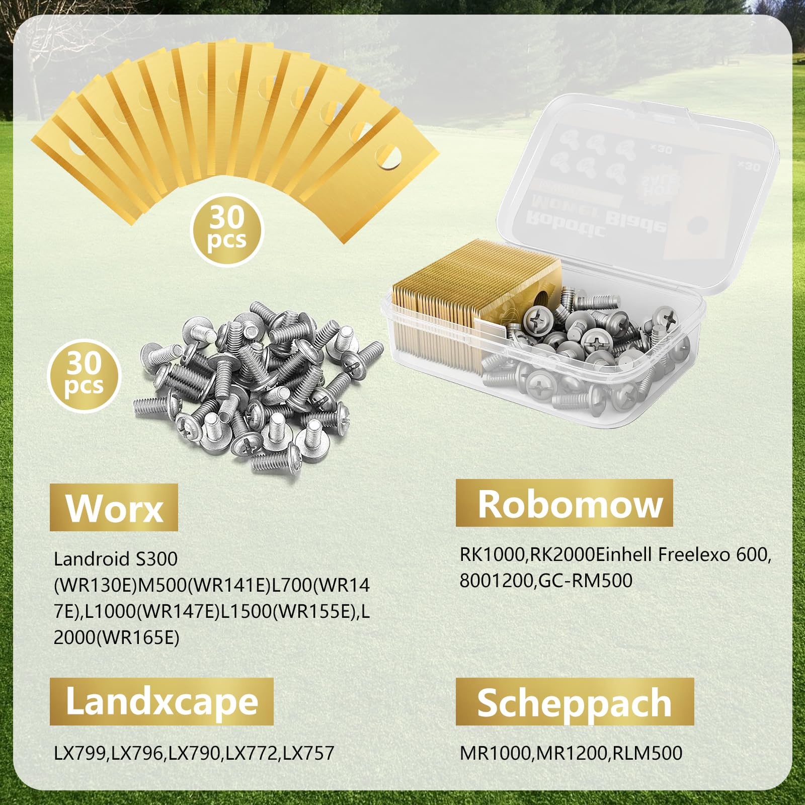 Zestaw 30 noży robot kosiarki z odpowiednimi śrubami - uniwersalne ostrza wymienne - zapasowe noże do WORX, Landroid, Lanmower