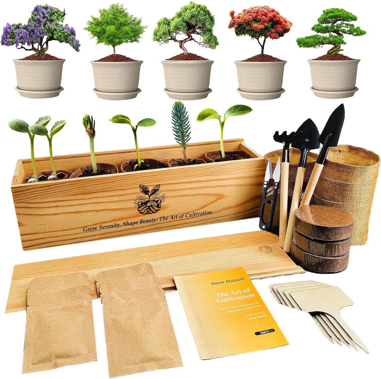 5X Bonsai Starter Kit, Bonzai Seed Kits, Durable Planting Bags, Complete Indoor Starter Kit for Growing Bonsai Plants, Gardening Gifts for Women & Men