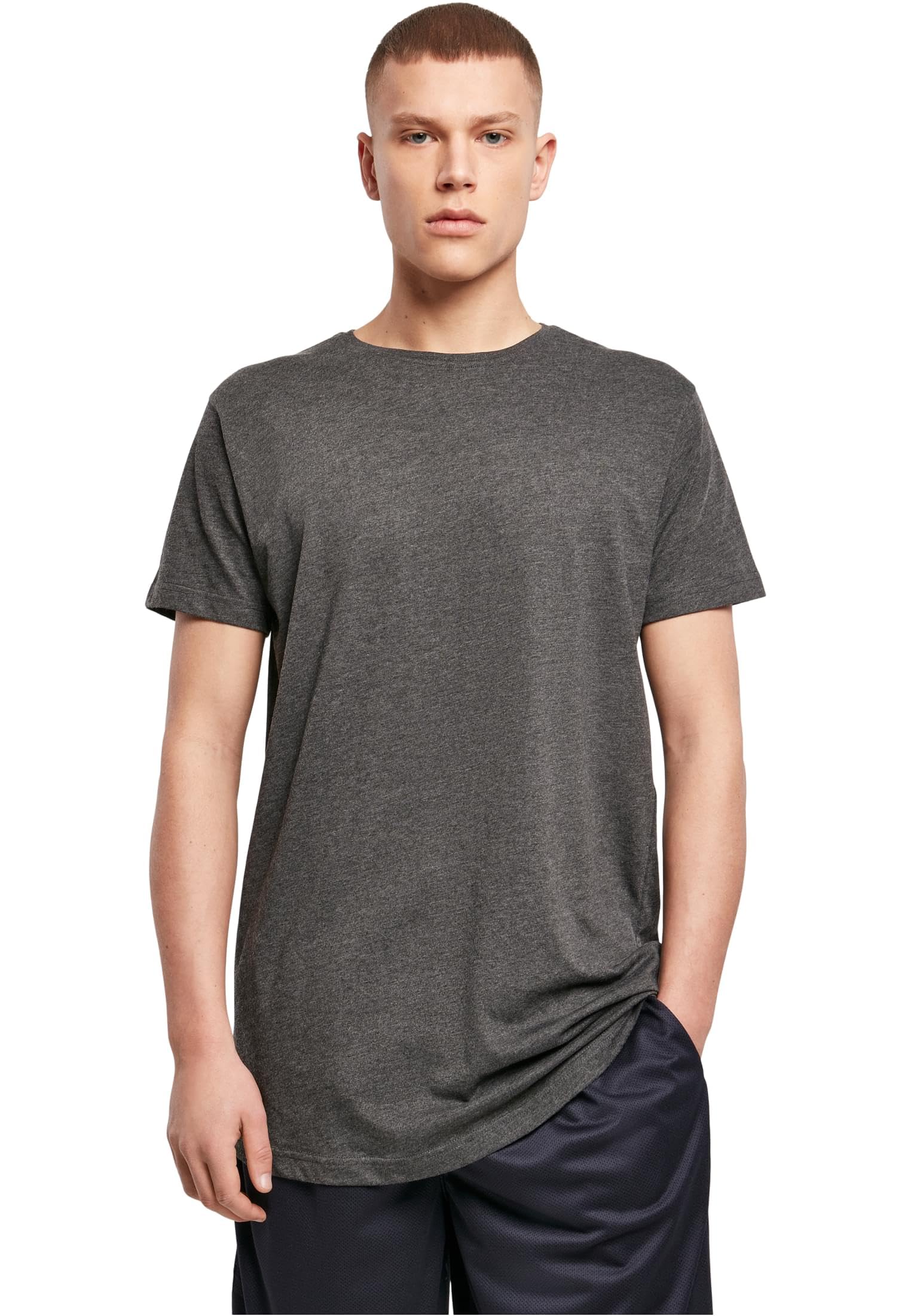 Build Your Brand Herren Shaped Long Tee – Langes T Shirt aus Baumwolle mit abgerundetem Saum im Streetwear Style für Alltag Freizeit und Casual Outfits,Charcoal,S