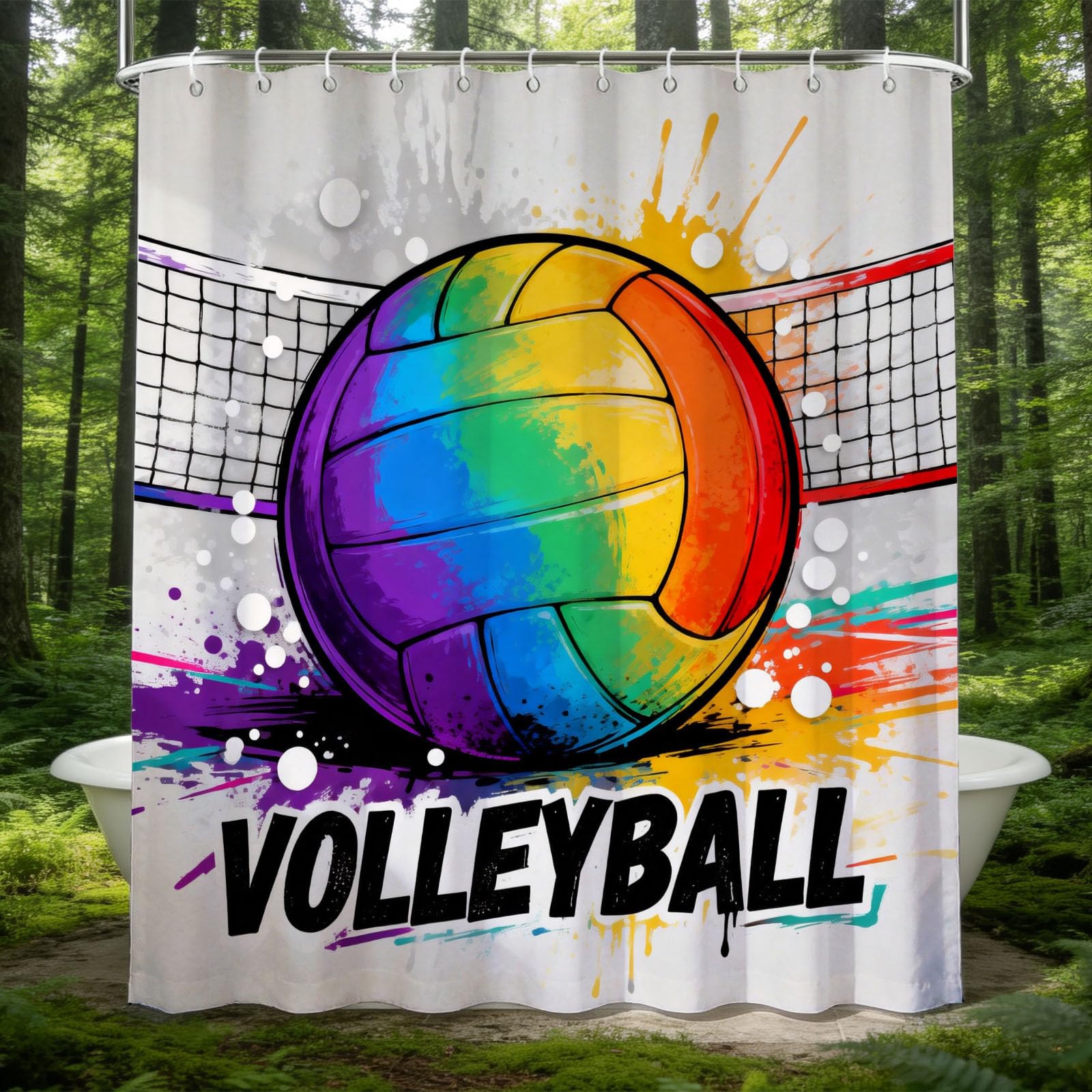 Hongduo 3D Cartoon Volleyball Shower Curtain for Stalls Bathtubs Colorful Bathroom Decor Shower Curtain Set Polyester Fabric Waterproof 200x200cm/79X79 Inch with Hooks