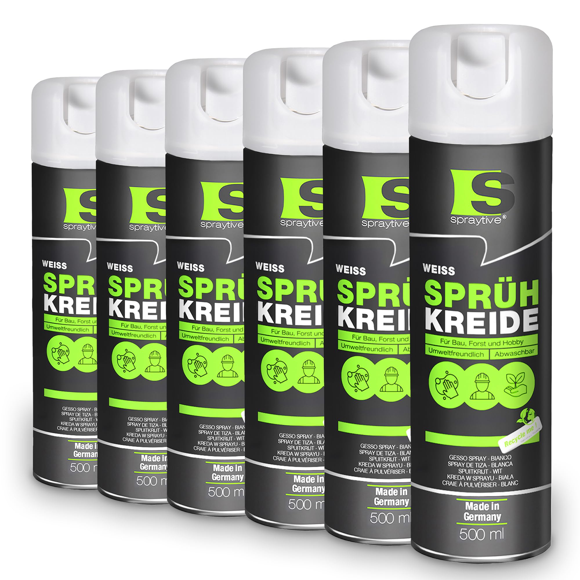 6 x 500ml Sprühkreide weiß - Abwaschbare leuchtende Kreidefarbe, Outdoor Kreidespray, Bodenmarkierung, Temporäres Markierungsspray, Farbspray für Asphalt, Gras, Beton