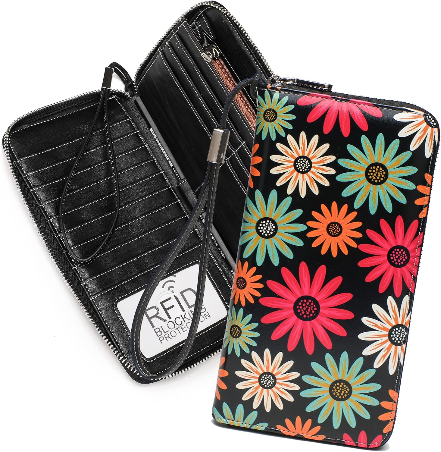 RFID Blocking Wristlet Large Wallet for Women Credit Card Holder Bifold Designer Zipper Phone Long Wallet Purse Aquarium