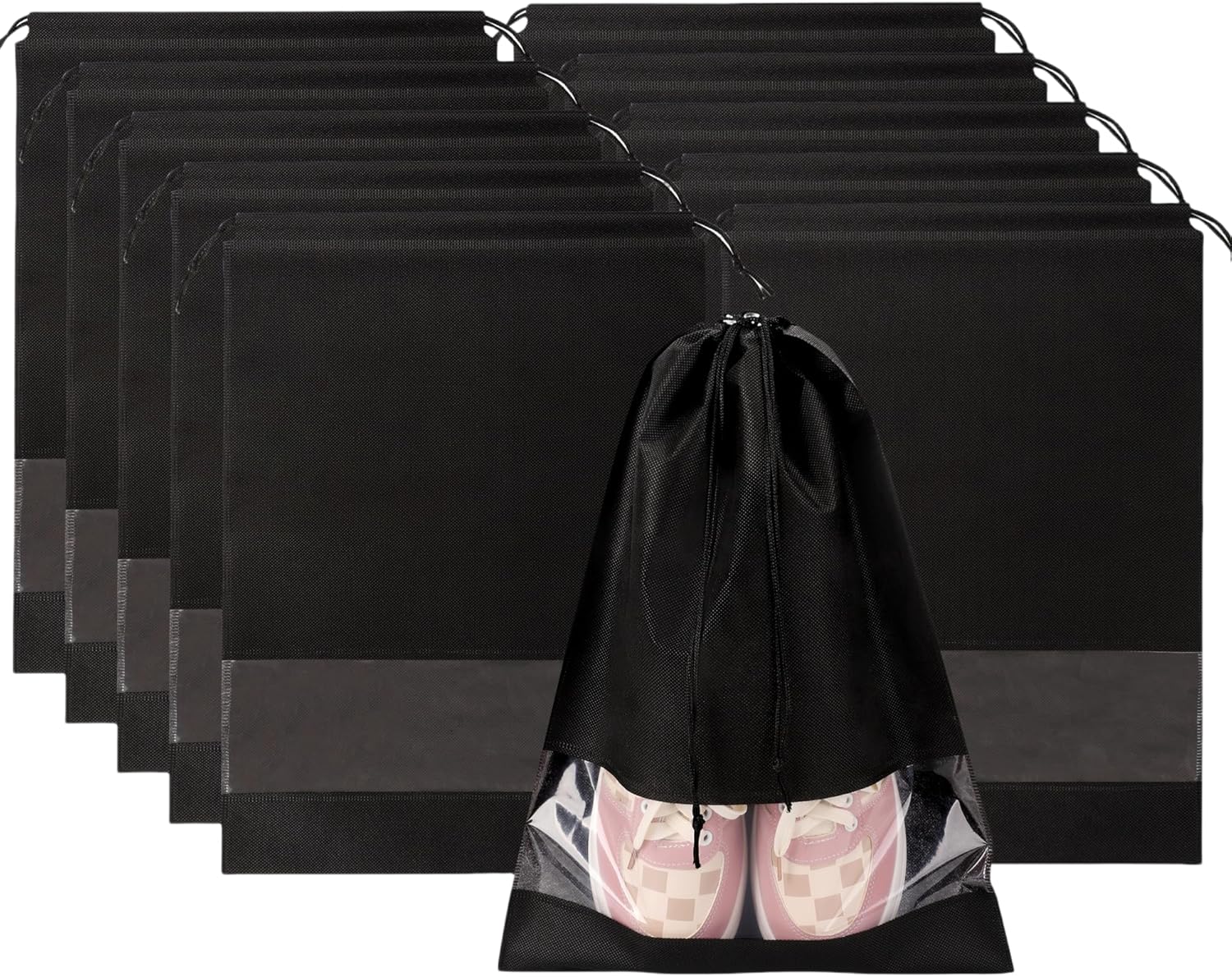 旅行用シューズバッグ 5個パック 大型旅行用シューズバッグ クリアウィンドウ付き 不織布 防塵 紐付き 旅行用靴収納バッグ 旅行必需