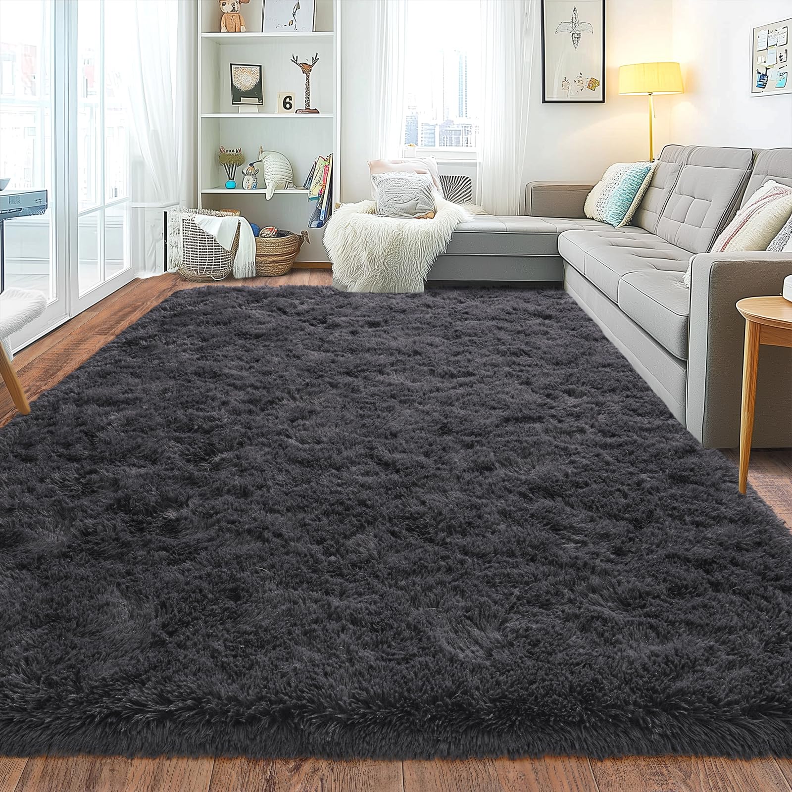 Tapis antidérapant en peluche pour salon, tapis doux à poils longs pour salon, chambre d'enfant, décoration parfaite pour maison moderne, anthracite, 1,5 x 2,1 m