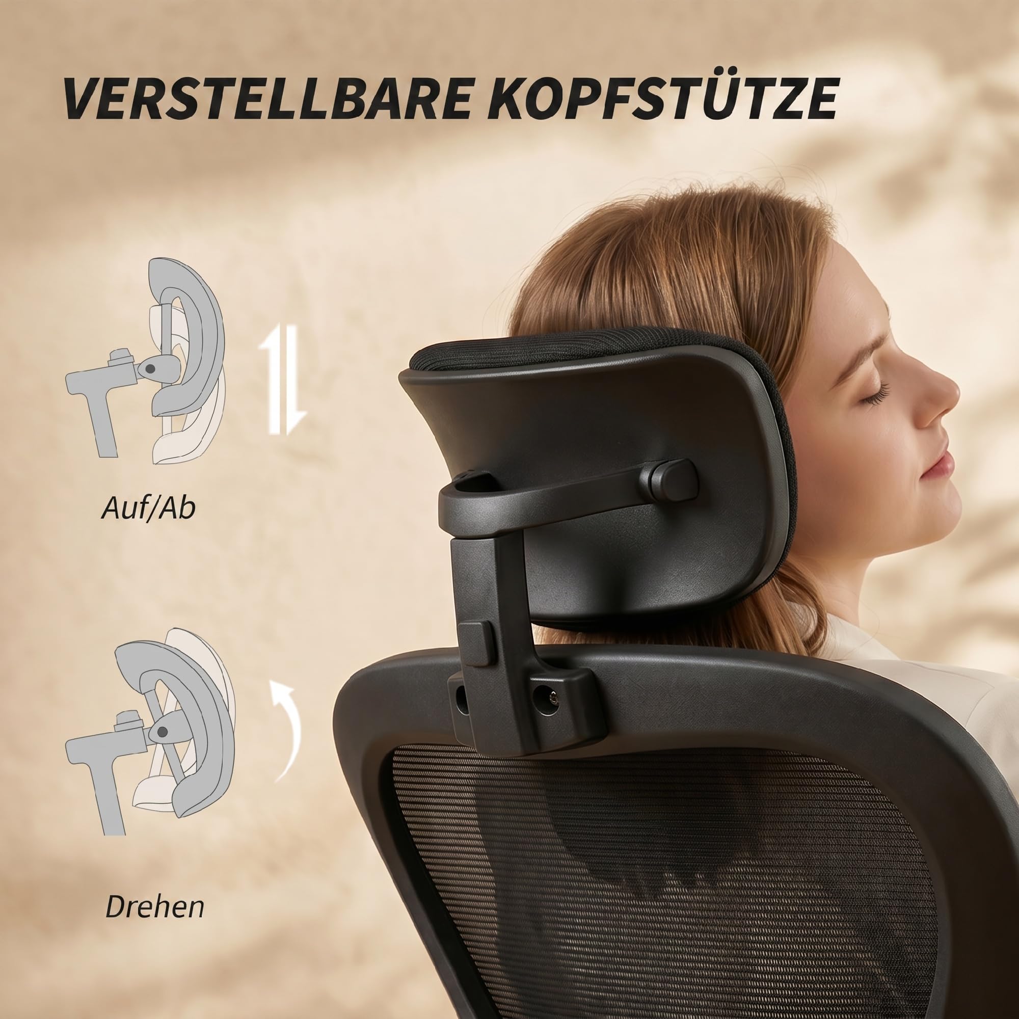 HOMCOM Bürostuhl Ergonomischer Schreibtischstuhl mit Kopfteil Schwarz | Hochklappbare Armlehnen, Verstellbare Lendenwirbelstütze, Höhenverstellbarer Drehstuhl, Wippfunktion, Netzbespannung