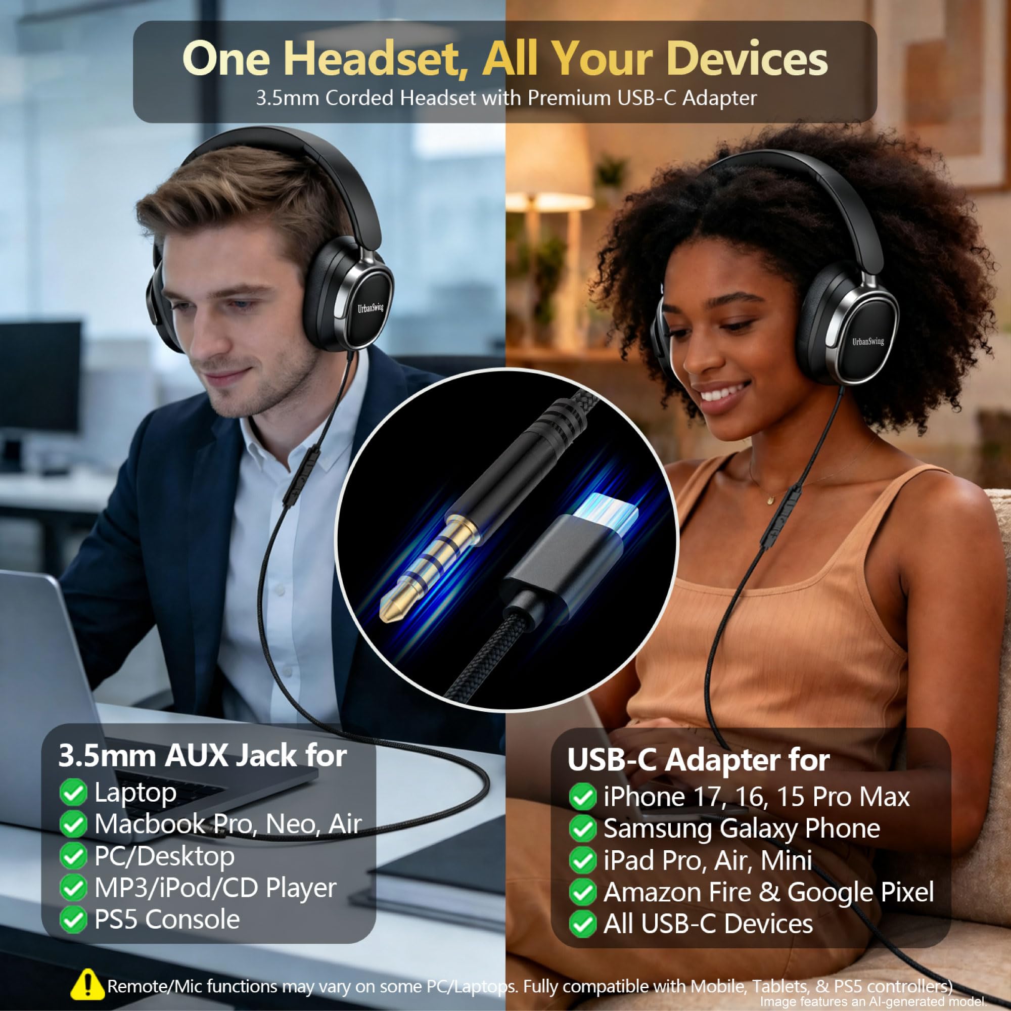 URBAN SWING W70 Przewodowe słuchawki nauszne z mikrofonem, adapter USB-C plus gniazdo 3,5 mm i etui podróżne Hardshell, bardzo długi pleciony przewód 1,5 m do iPada, iPhone'a 16/17, Samsung, PS5