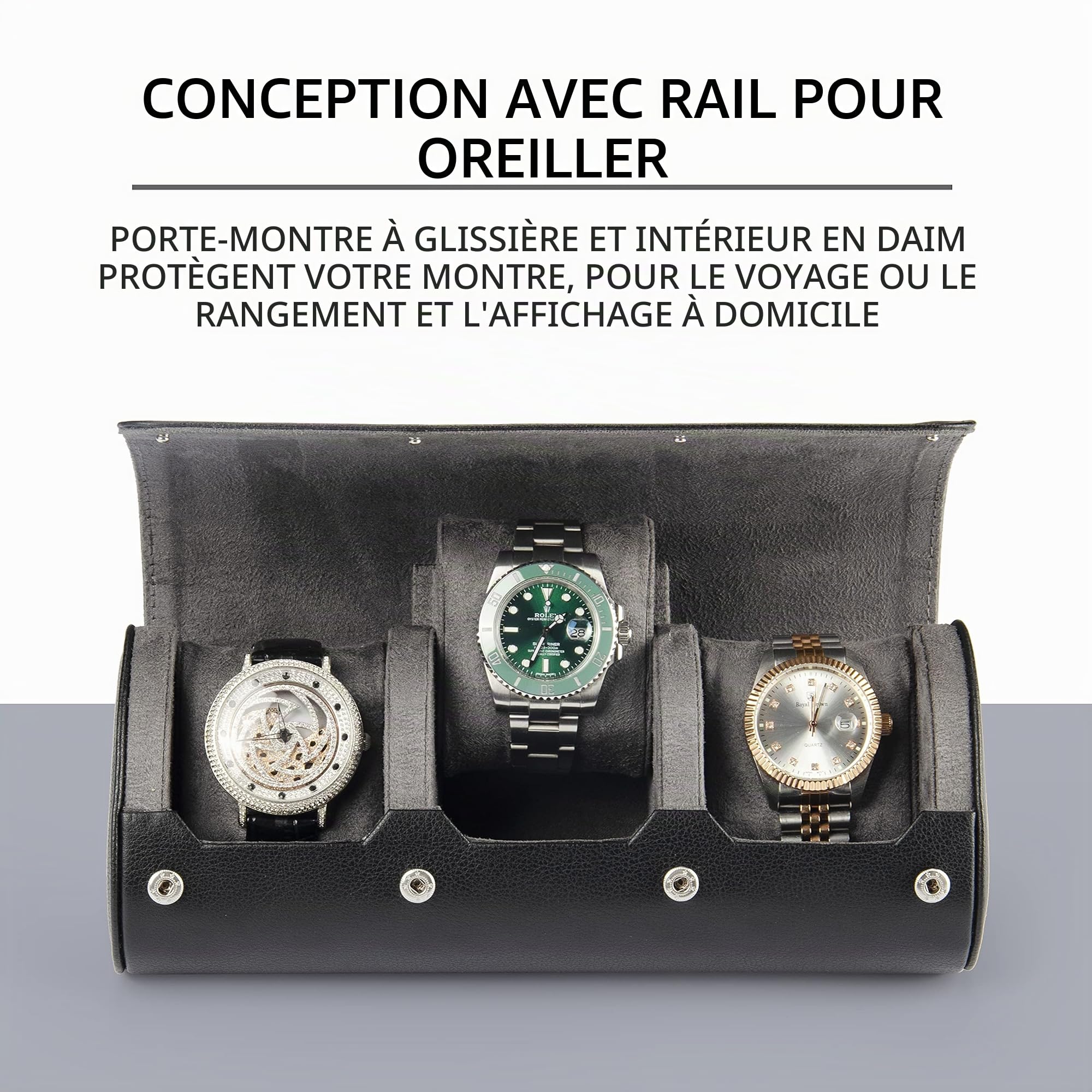 Boîte à Montres Coffret de rangement pour 3 Montres homme Regarder Rouleau Valise De Voyage 3 Fentes Doublure en Velours, Fermeture en Métal Pu Cuir Montre Portable Affichage Stockage (Noir)