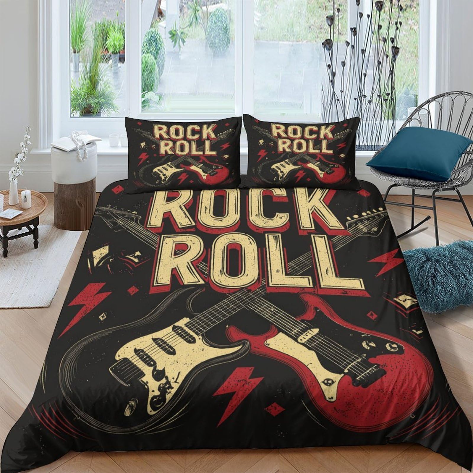 Ctjqhvkz Style-1 3D Printed Rock Guitar Fitted Sheet Microfiber Soft Breathable Music Note Bed Cover For Bedroom Dorm Decor Mattress Protection Single（135X200cm）