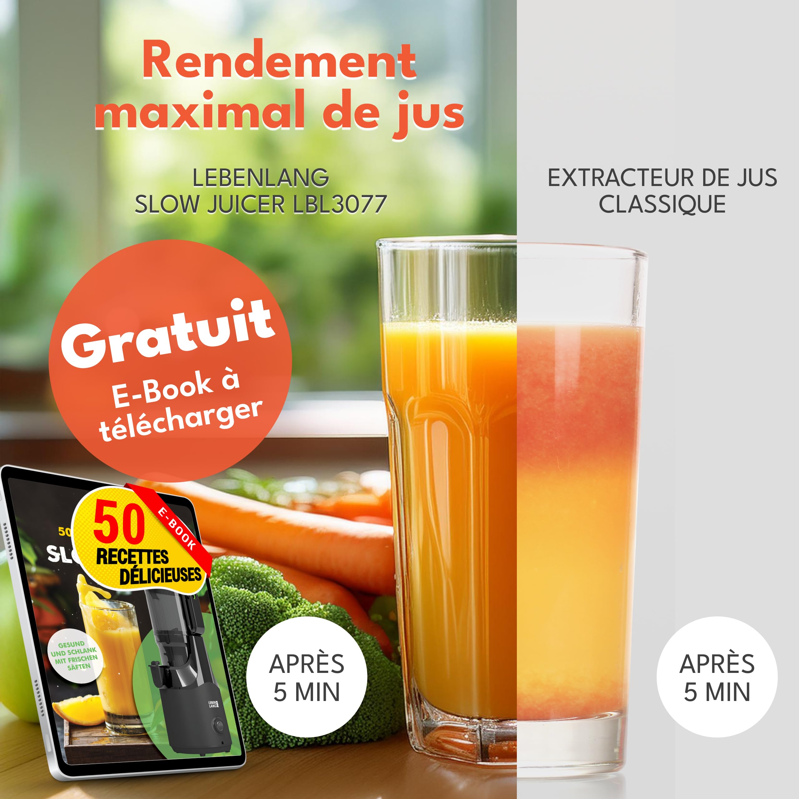 LEBENLANG Centrifugeuse extracteur de jus - Livre de recettes incl. & grande ouverture de 130 mm I Parfait pour les fruits et légumes entiers 100% sans BPA I Slow Juicer Machine Extracteurs legumes