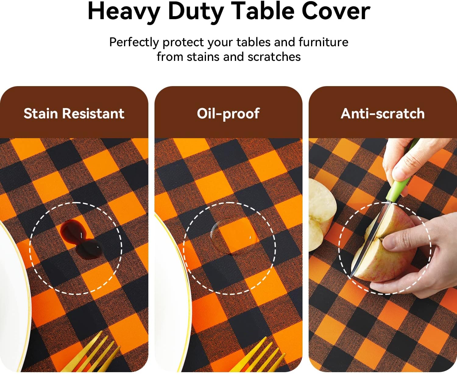 Romanstile Rectangle Vinyl Tablecloth, 100% Waterproof Buffalo Gingham Plastic Table Cloth, Heavy Duty Wipeable Checkered Table Covers for Outdoor, Camping, Picnic, Patio - 52 x 70, Black and Orange thumbnail