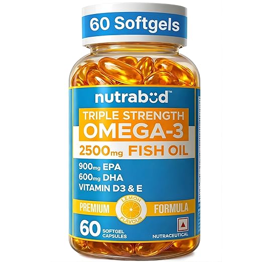 Nutrabud Omega 3 Fish Oil Capsules Triple Strength Supplement 2500mg - 900mg EPA 600mg DHA/serving - With Vitamin D & E - Lemon Flavour (60 Count (Pack of 1), Lemon)
