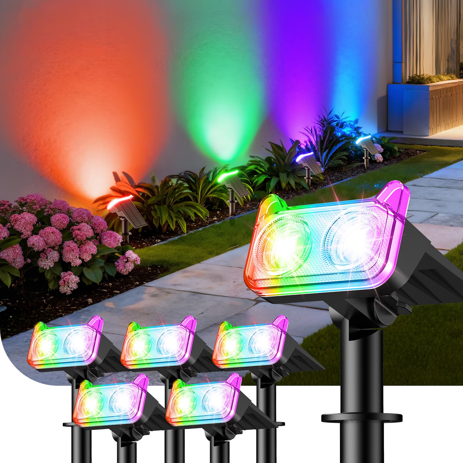 GEARLITE 6 Stück Bunte Solarlampen für Außen Garten, Farblicht RGB 8 Modi Superhelle 800 Lum Solar Strahler Max 15 Stunden Arbeitszeit, IP65 Gartenstrahler für Außen Bäume Hof Garten Weg Deko