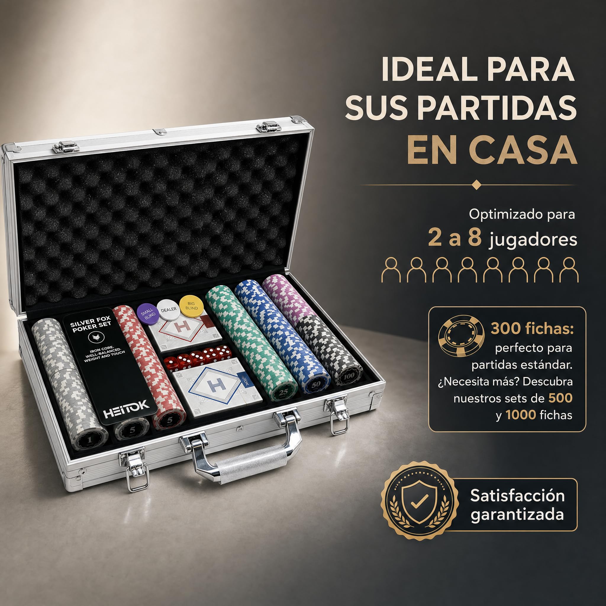 HEITOK Maletín de Póker Profesional 300 Fichas Numeradas 11.5g Núcleo Metal - Estuche Aluminio, 2 Barajas, Dados y Botones para Texas Holdem