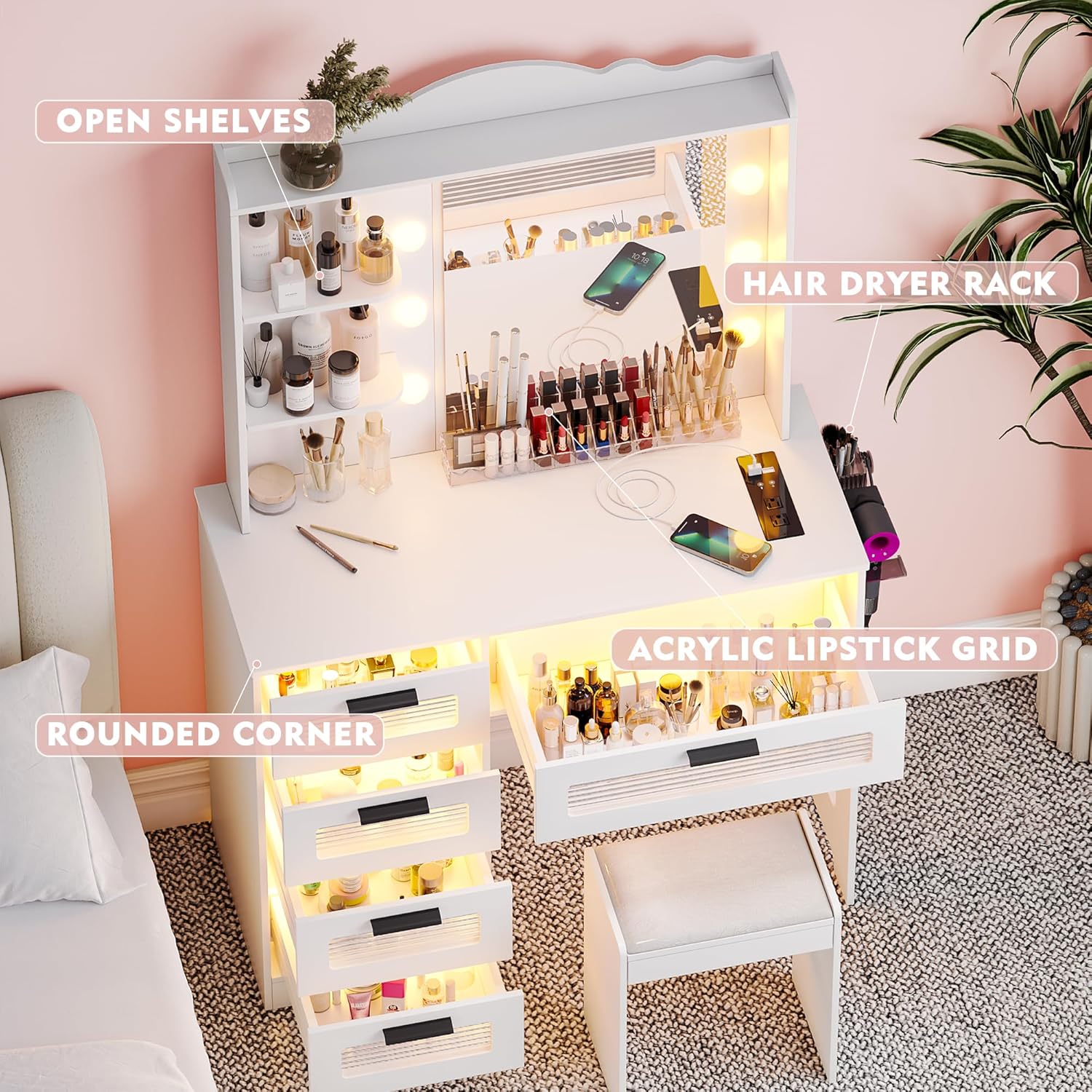LED Vanity Desk with Mirror and 3 Color Lights,Makeup Vanity with Human Sensor Ligit and Charging Station,Dressing Table with 4 Drawers,Hair Dryer Rack,Stool,Outlets