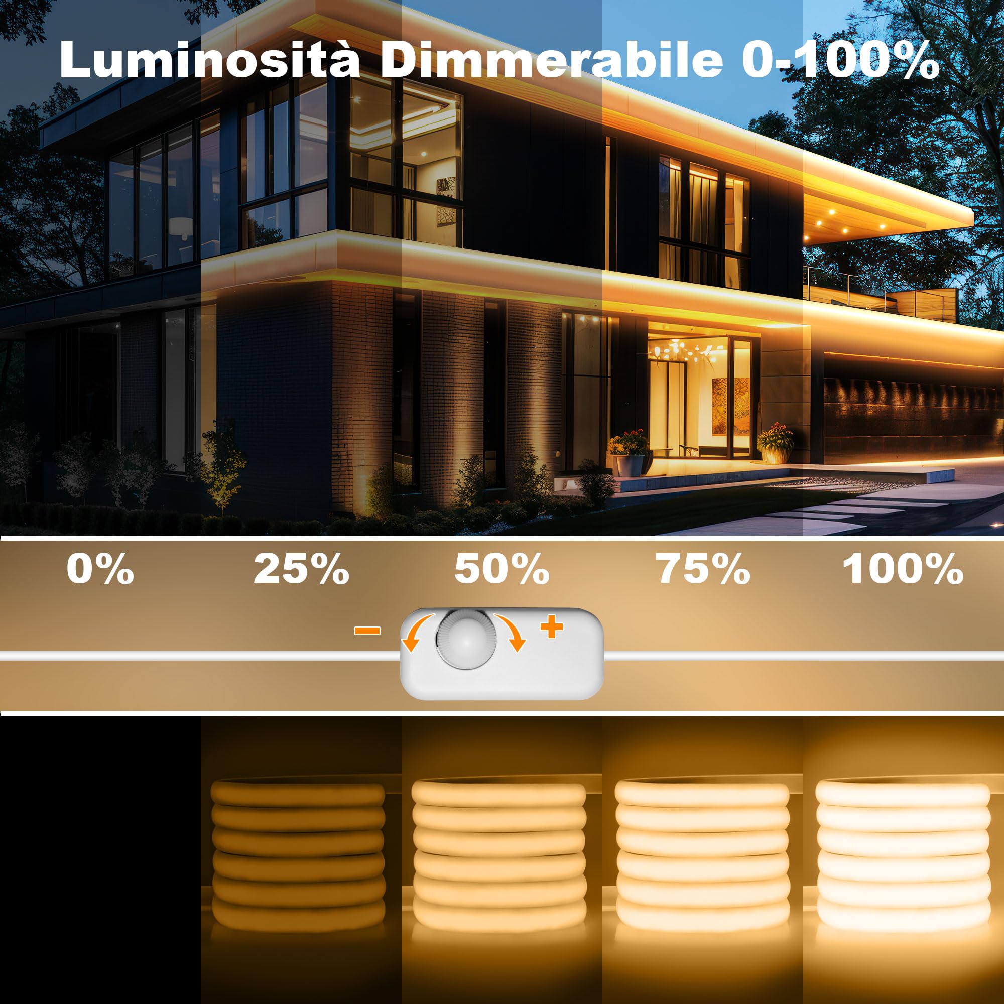 Gliztech Tira LED COB Exterior Impermeable IP67 Enchufe Directo AC 220V, Tira LED para Exteriores con Controlador de Doble Fusible, Luz LED Adhesiva para Jardín, Decoración Comercial (30M, 2700k)