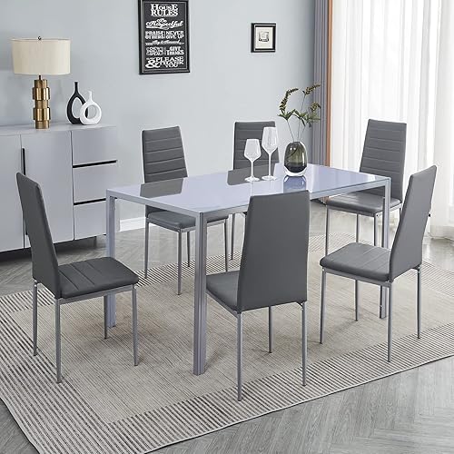 Miniatura 2 de Juego de mesa y silla de comedor de 7 piezas, juego de mesa de comedor para 6 mesas de cocina con 6 sillas, mesa rectangular de vidrio con 6 sillas