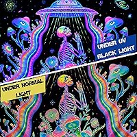 Vista 5 de Galoker Tapiz de esqueleto de luz negra, tapices florales de hongos neón, reactivo a los rayos UV, tapiz de OVNI alienígena, galaxia, espacial