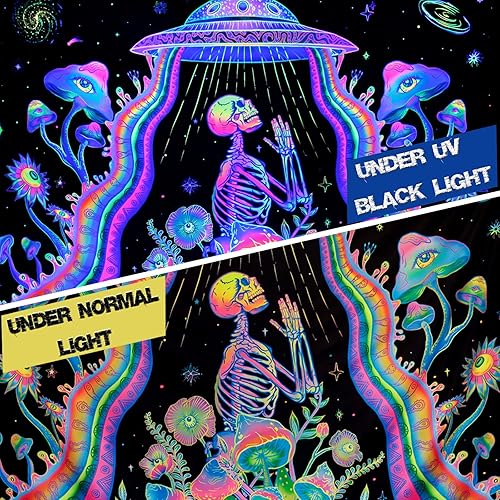 Miniatura 5 de Galoker Tapiz de esqueleto de luz negra tapiz floral de hongos trippy reactivo a los rayos UV tapiz de OVNI para colgar en la pared para decoración