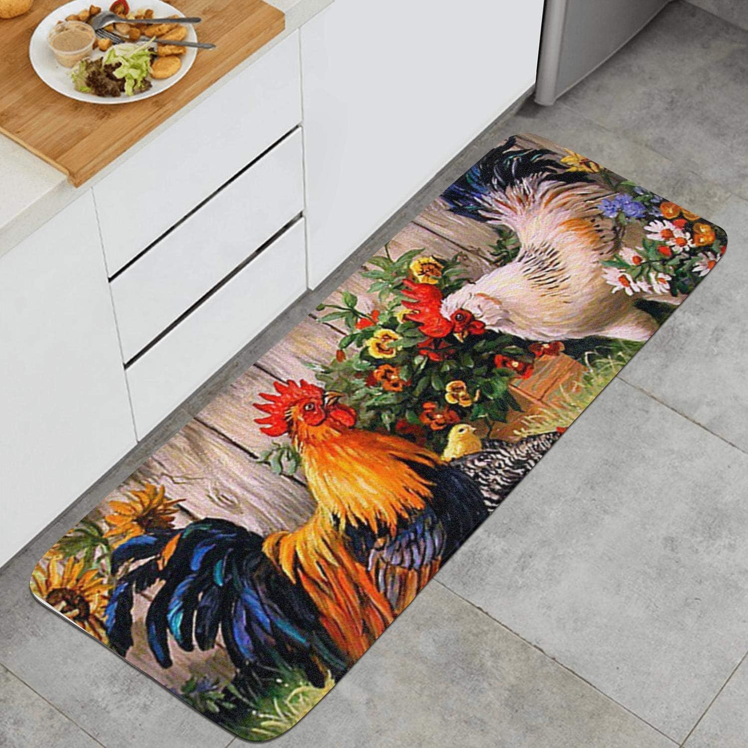 Kitchen Mat Waterproof Kitchen Rugs Cushioned Chef Soft Non-Slip Rubber Back Floor Mats Washable Oil Proof Doormat Bathroom Runner Area Rug Carpet (17.7" x 47.2", Sunflower and Rooster)
