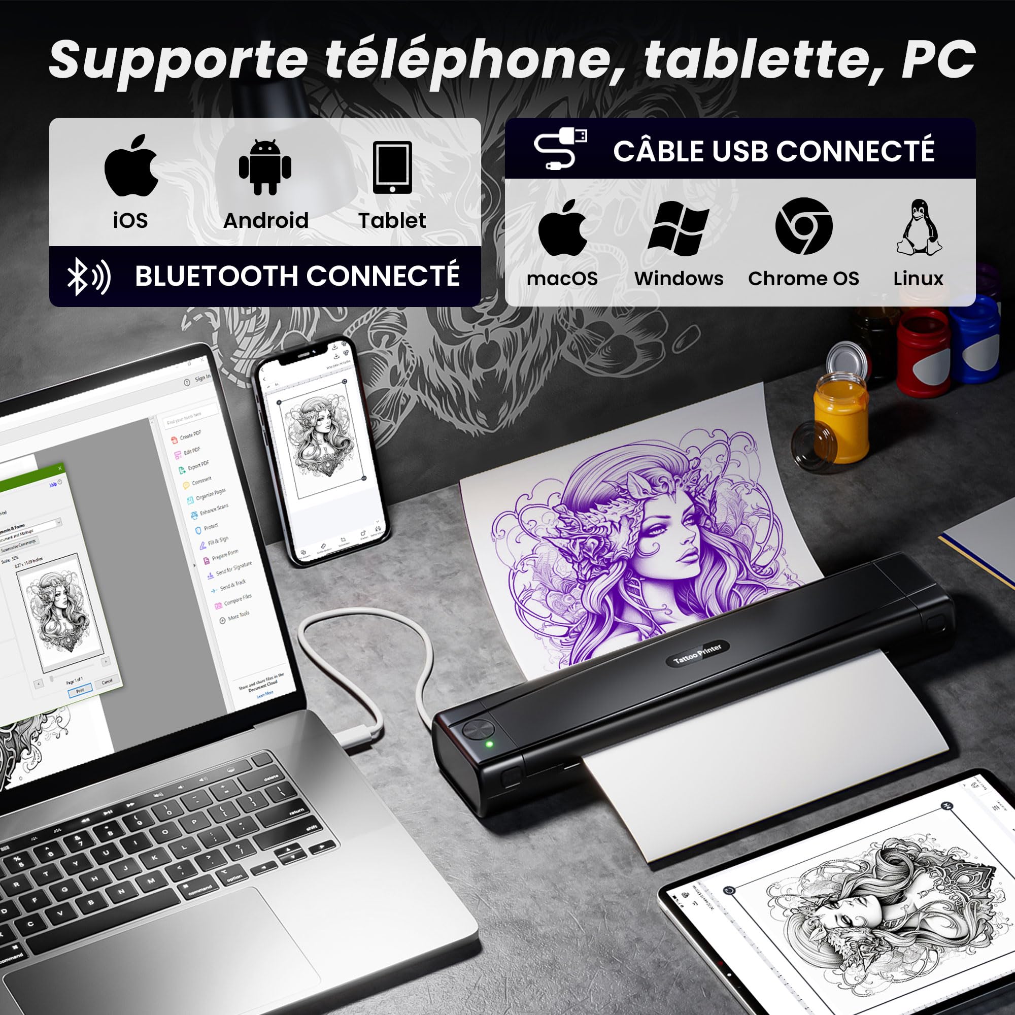 TATTMUSE Thermocopieur Tatouage Bluetooth, Imprimante Stencil Tatouage avec 10 Feuilles