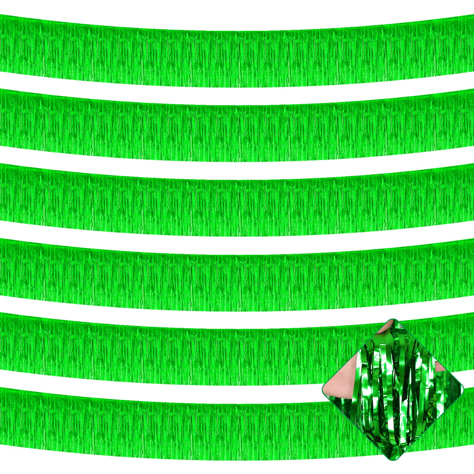 6 Pack 10 Feet Foil Fringe Garland Metallic Tinsel Streamers Banner Wall Hanging Curtain Backdrop for Parade Floats, Bachelorette, Wedding, Birthday, St Patrick Day, Christmas Party Decorations(Green)