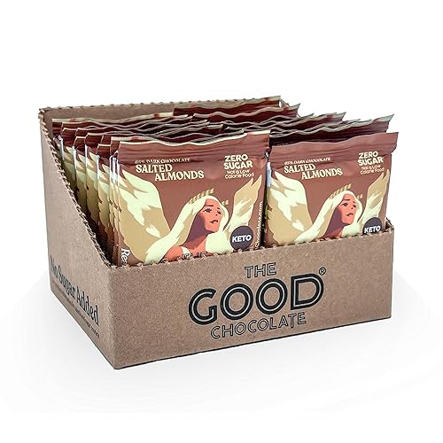 The Good Chocolate - Almendras saladas Keto Chocolate Squares, cero azúcar, aperitivo bajo en carbohidratos netos, calorías más bajas, caramelo de