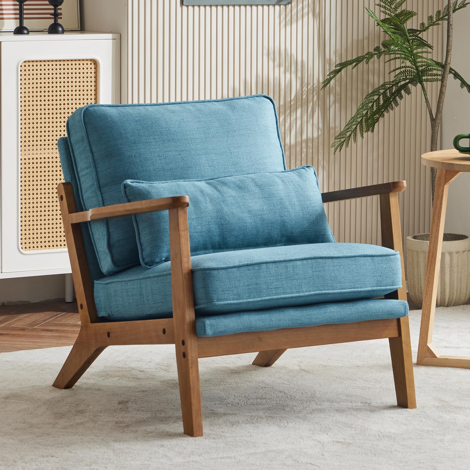 Bonnlo Accent Chair, Soild Wood Padding Lounge Armchairs, Occasional Reading Chair with Cushions and Lumbar Pillow, Armchairs for Living Room, Bedroom, Guest Room,Wide Arm, Fabric, Blue โ image 1