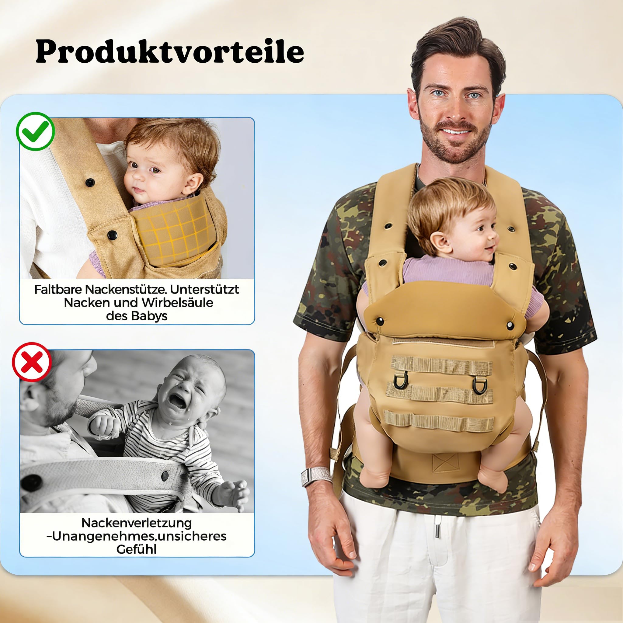 Portabebé TáCtico Para Padres, Portabebé Para NiñOs PequeñOs (4-36 Meses) - Portabebés ErgonóMico 3 En 1, Saludable Para La Cadera, Portabebés Para Paseos Y Viajes Caqui