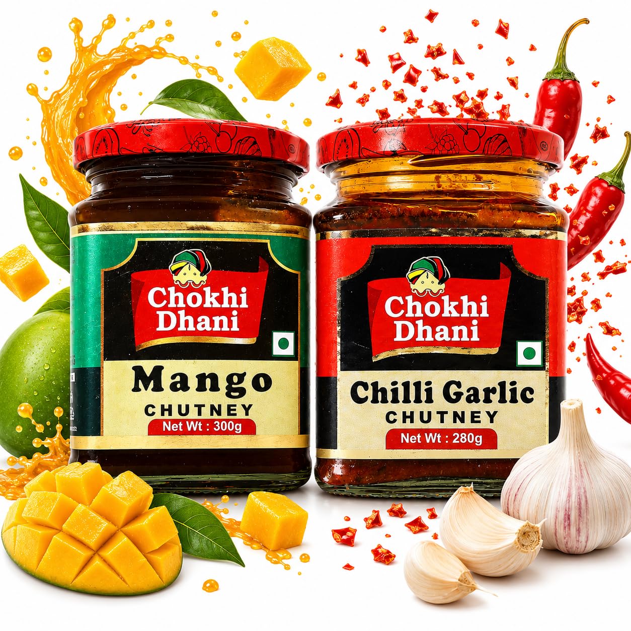 Chokhi Dhani Chilli Garlic Chutney 280g & Mango Chutney 300g Combo | Sweet & Spicy Indian Chutney Duo | Authentic Indian Flavours | Sandwich Spread, Dip & Meal Accompaniment