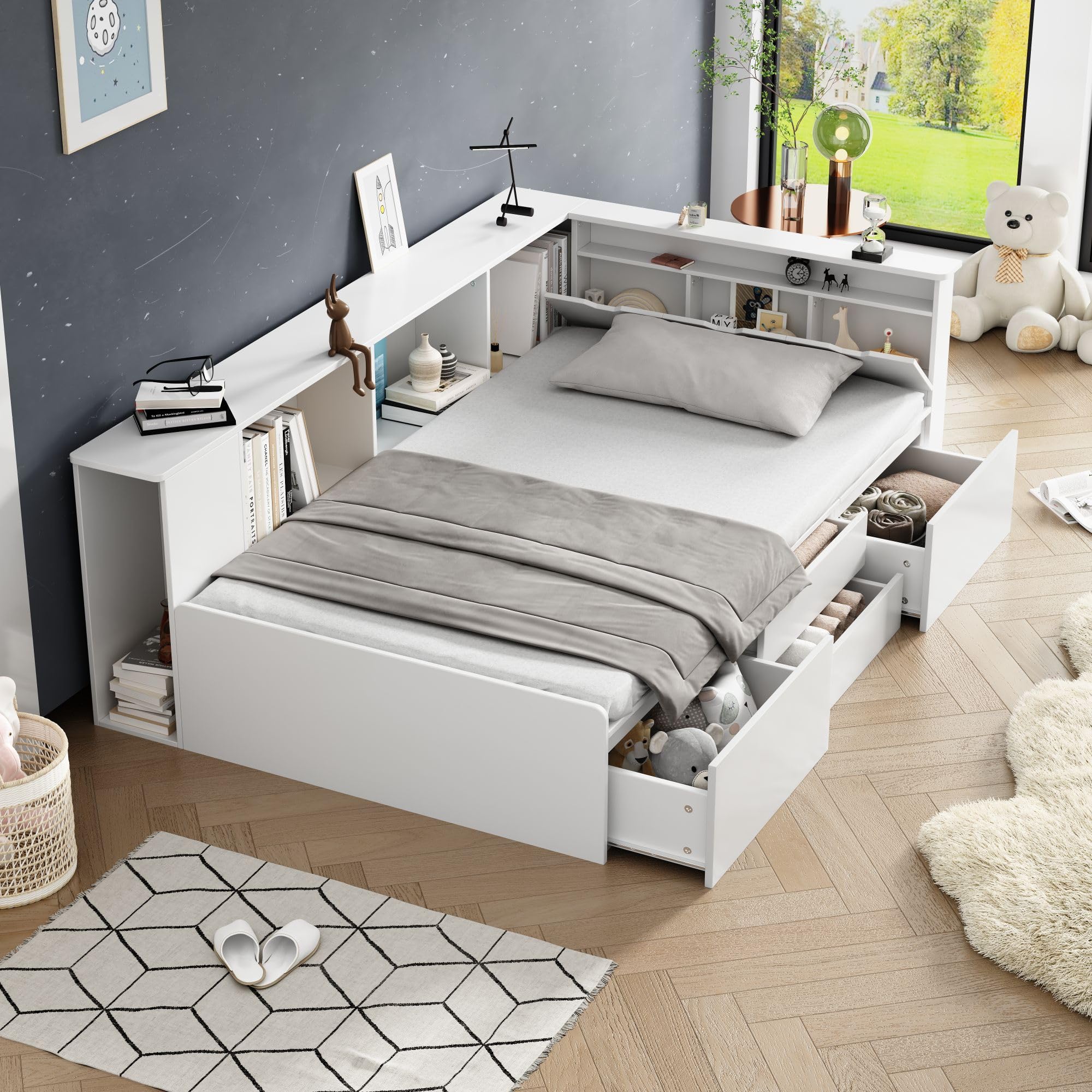Rtopsu Letto Singolo 90x200 cm con Contenitore Cassetti e Libreria, Letto Multifunzionale per Bambini con Vano Portaoggetti e Rete a Doghe in Legno, Rete con 3 Contenitore, Bianco, Senza Materasso