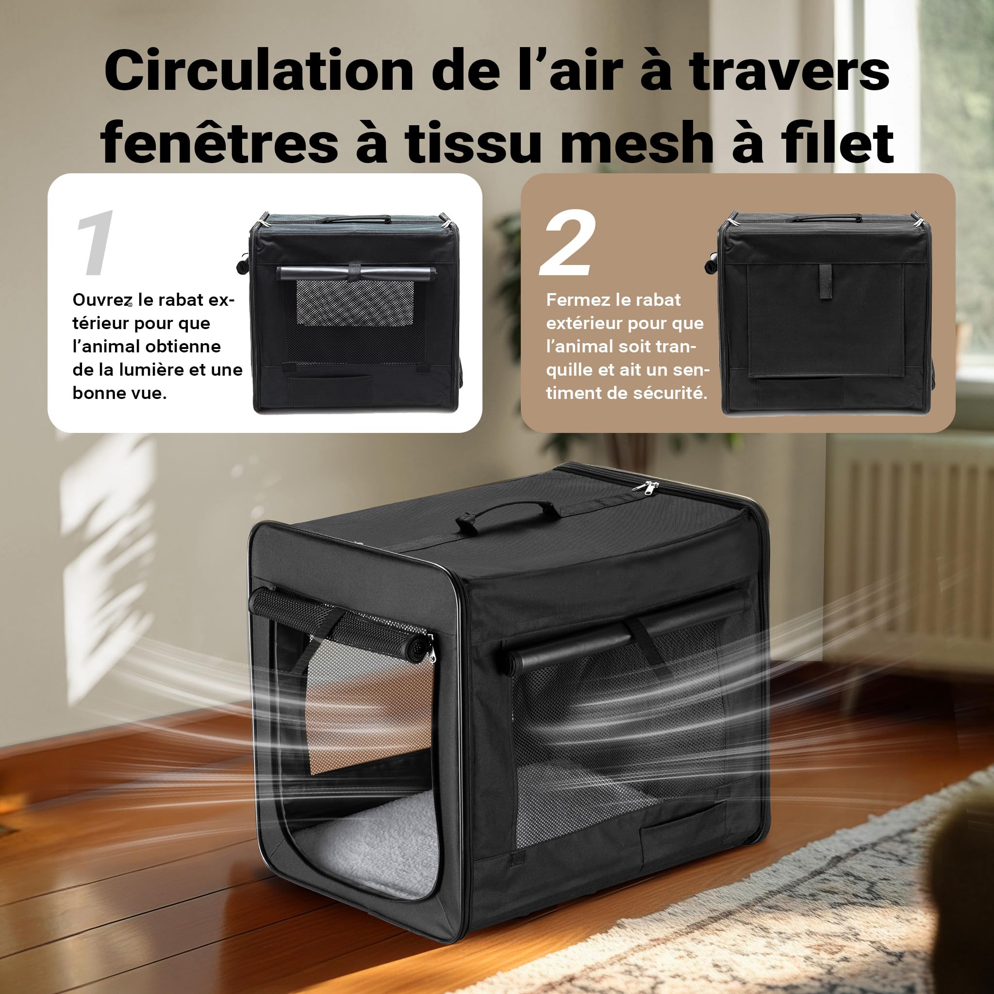 Wiltec Caisse de Transport Noire Pliable pour Chiens Chats Animaux domestiques - Taille M / 58 x 46 x 53 cm/Charge Max. 10 kg - avec Coussin - boîte Voyages Canine féline