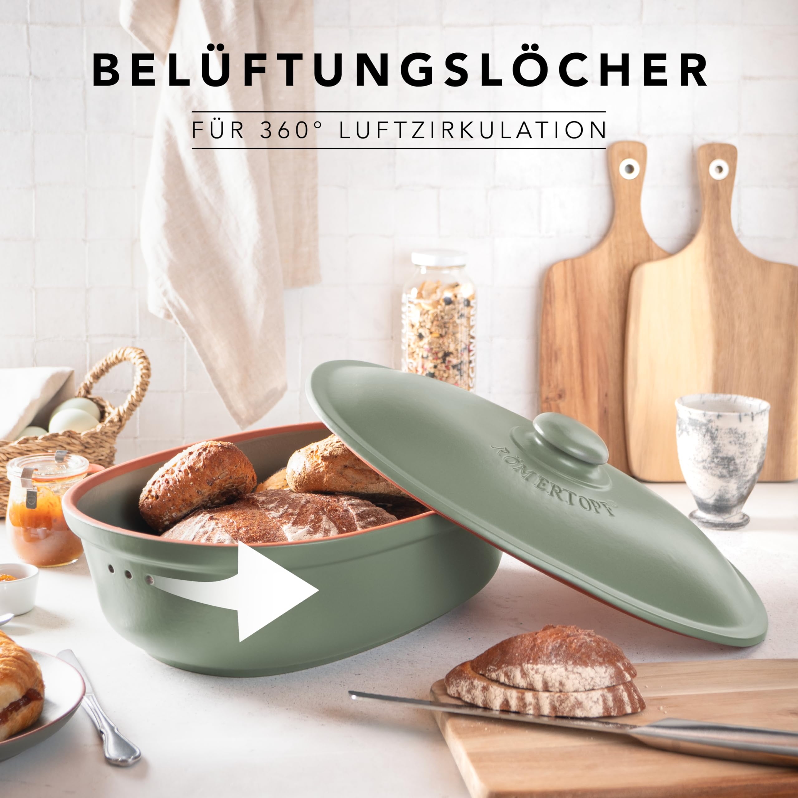 Römertopf Brottopf oval MAXI 6,5 Liter - Brotkasten Grün aus Keramik - Atmungsaktiver Tontopf für langanhaltende Frische von Brot und Brötchen